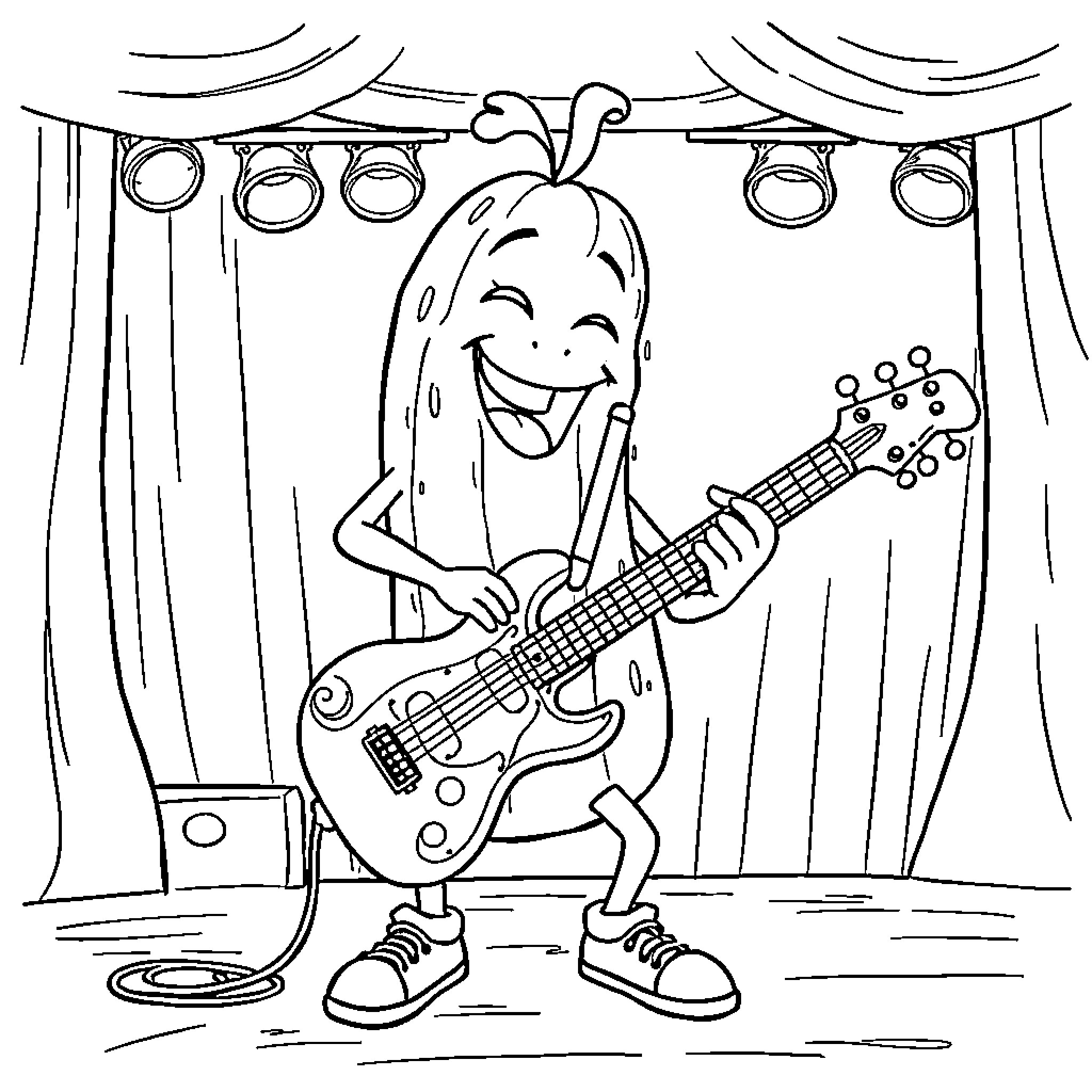 Pickle performing lively guitar on stage Coloring Page (free black-and-white line drawing printable PDF for all, from beginners to advanced learners, including children, teens, adults, and seniors)