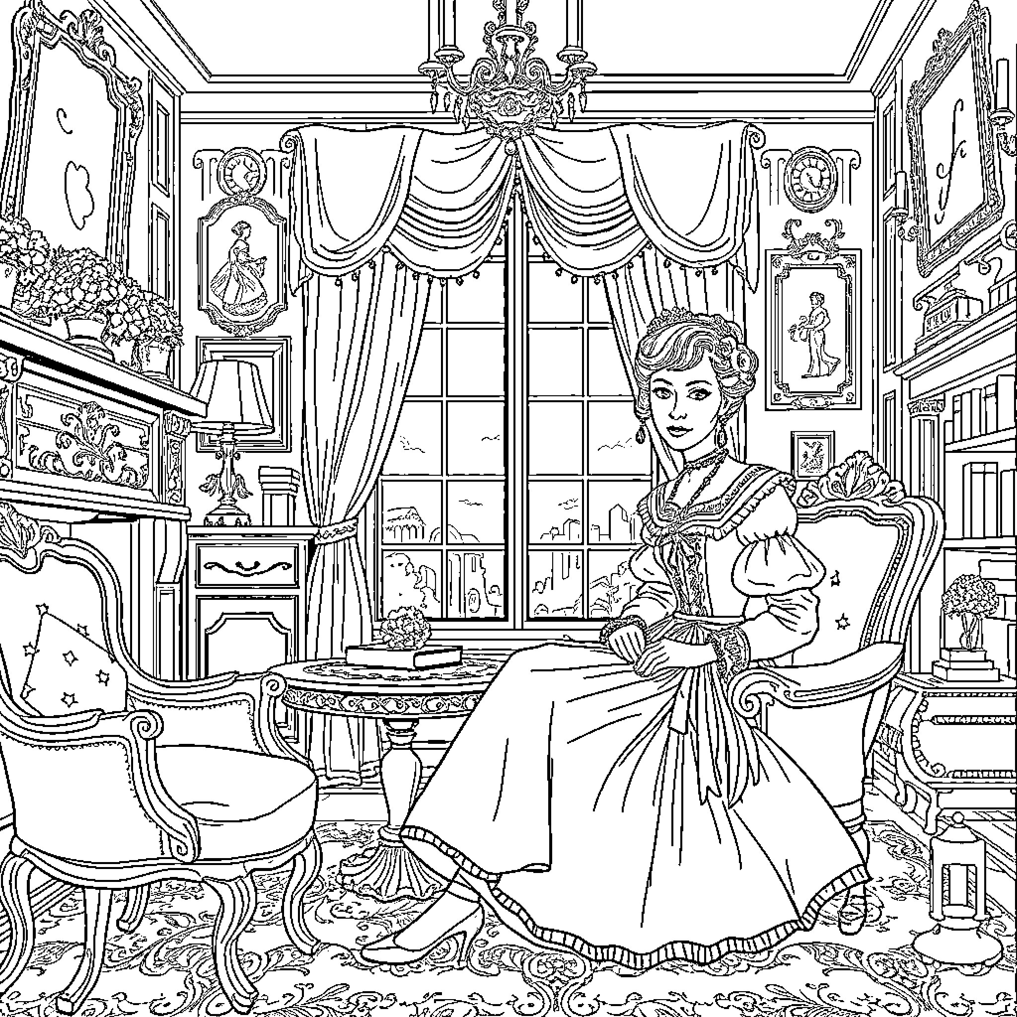 Lady Sitting Elegantly in an Ornate Room Coloring Page (free black-and-white line drawing printable PDF for all, from beginners to advanced learners, including children, teens, adults, and seniors)