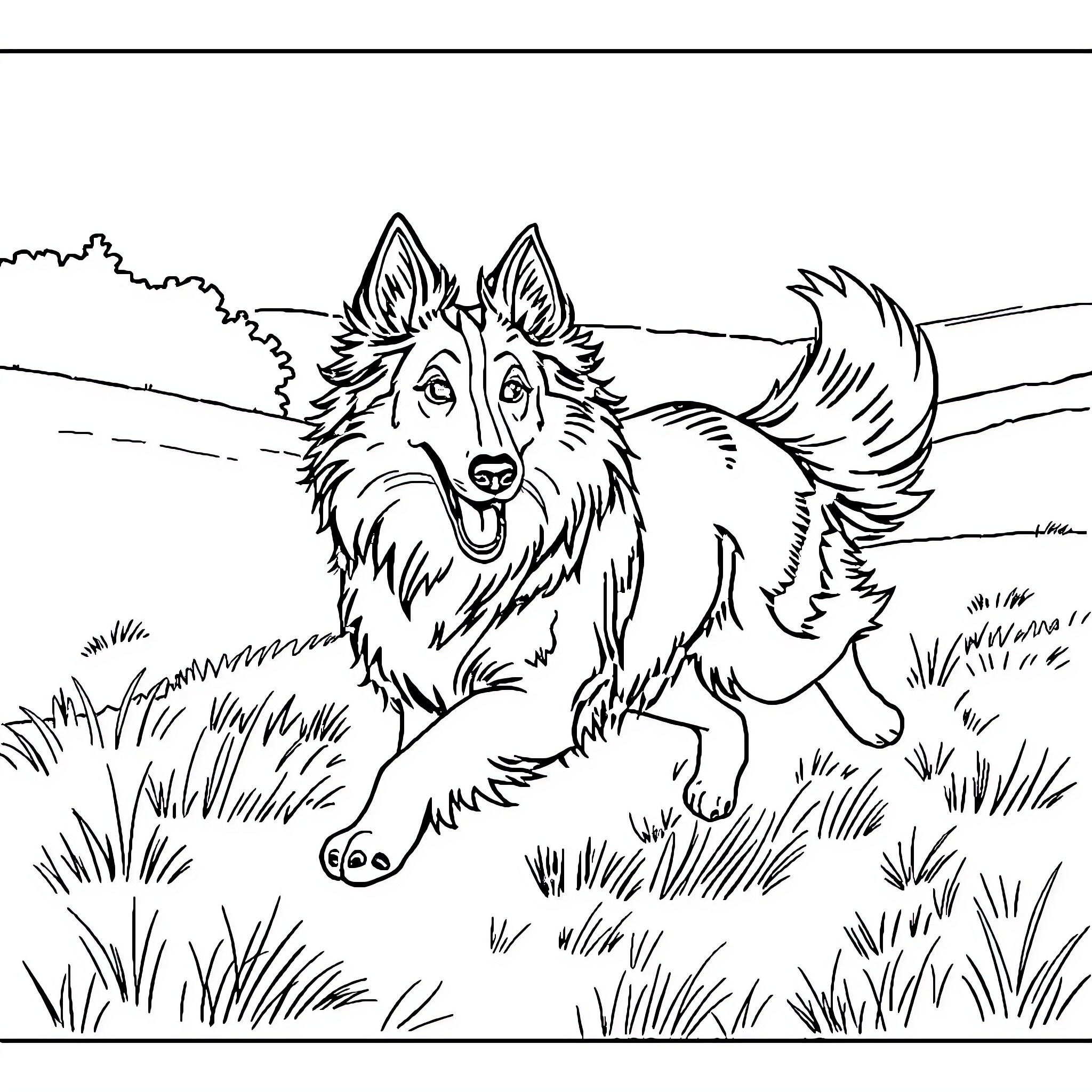 Lassie running joyfully through grassy field Coloring Page (free black-and-white line drawing printable PDF for all, from beginners to advanced learners, including children, teens, adults, and seniors)