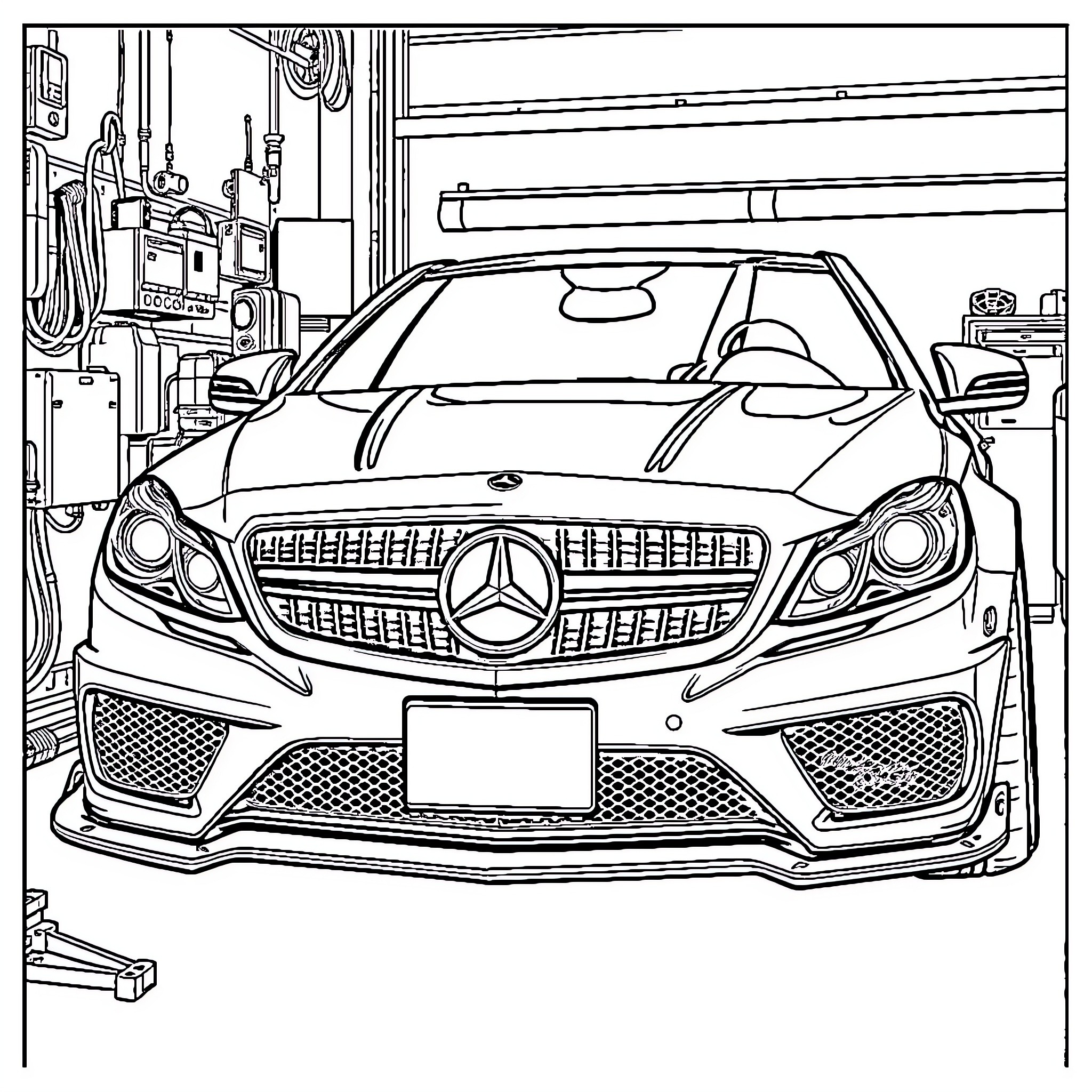 Car in Automotive Repair Shop Coloring Page (free black-and-white line drawing printable PDF for all, from beginners to advanced learners, including children, teens, adults, and seniors)