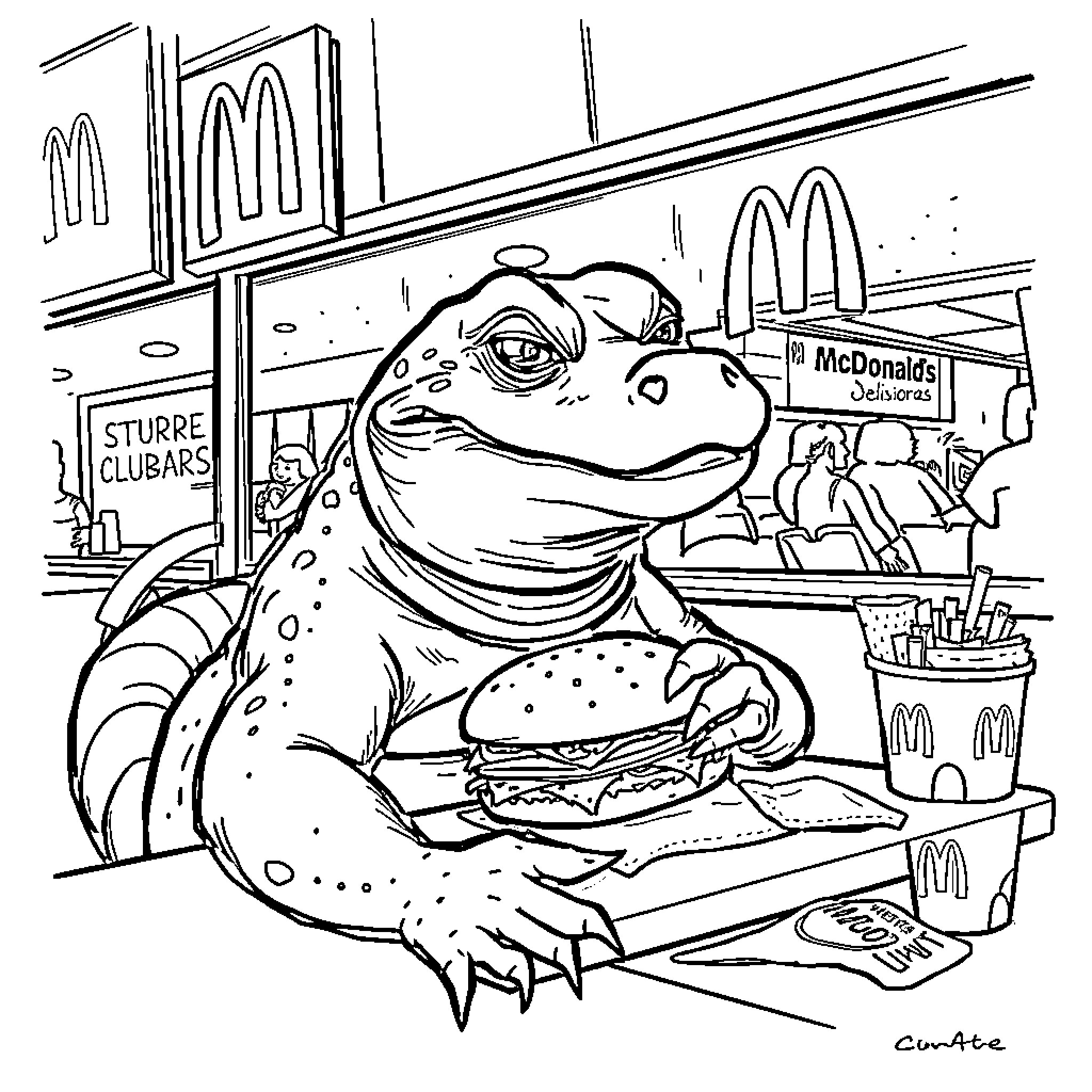 Lizard eating a hamburger at a fast-food restaurant Coloring Page (free black-and-white line drawing printable PDF for all, from beginners to advanced learners, including children, teens, adults, and seniors)