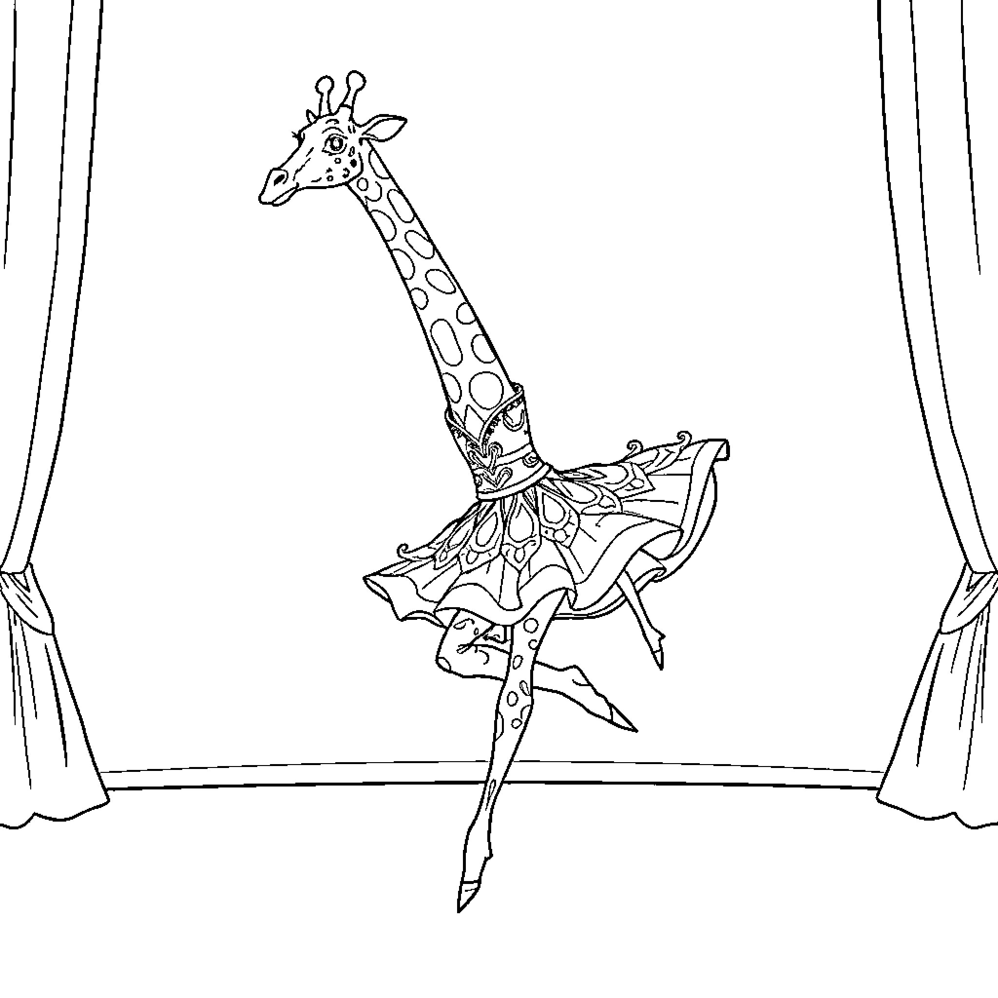 Giraffe ballerina dancing on stage Coloring Page (free black-and-white line drawing printable PDF for all, from beginners to advanced learners, including children, teens, adults, and seniors)