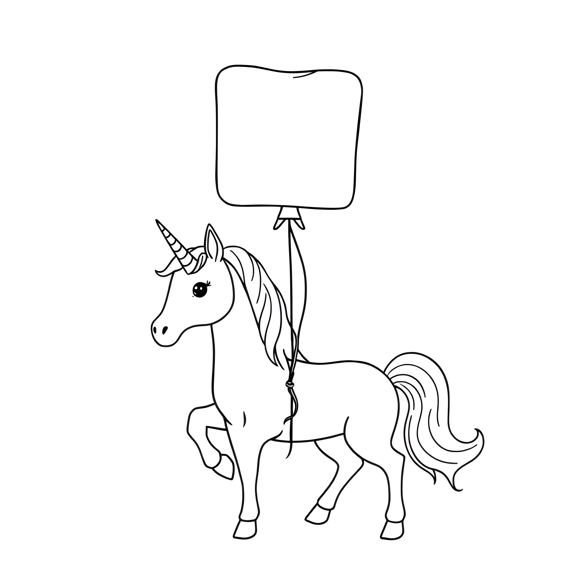 Unicorn holding a blank sign Coloring Page (free black-and-white line drawing printable PDF for all, from beginners to advanced learners, including children, teens, adults, and seniors)
