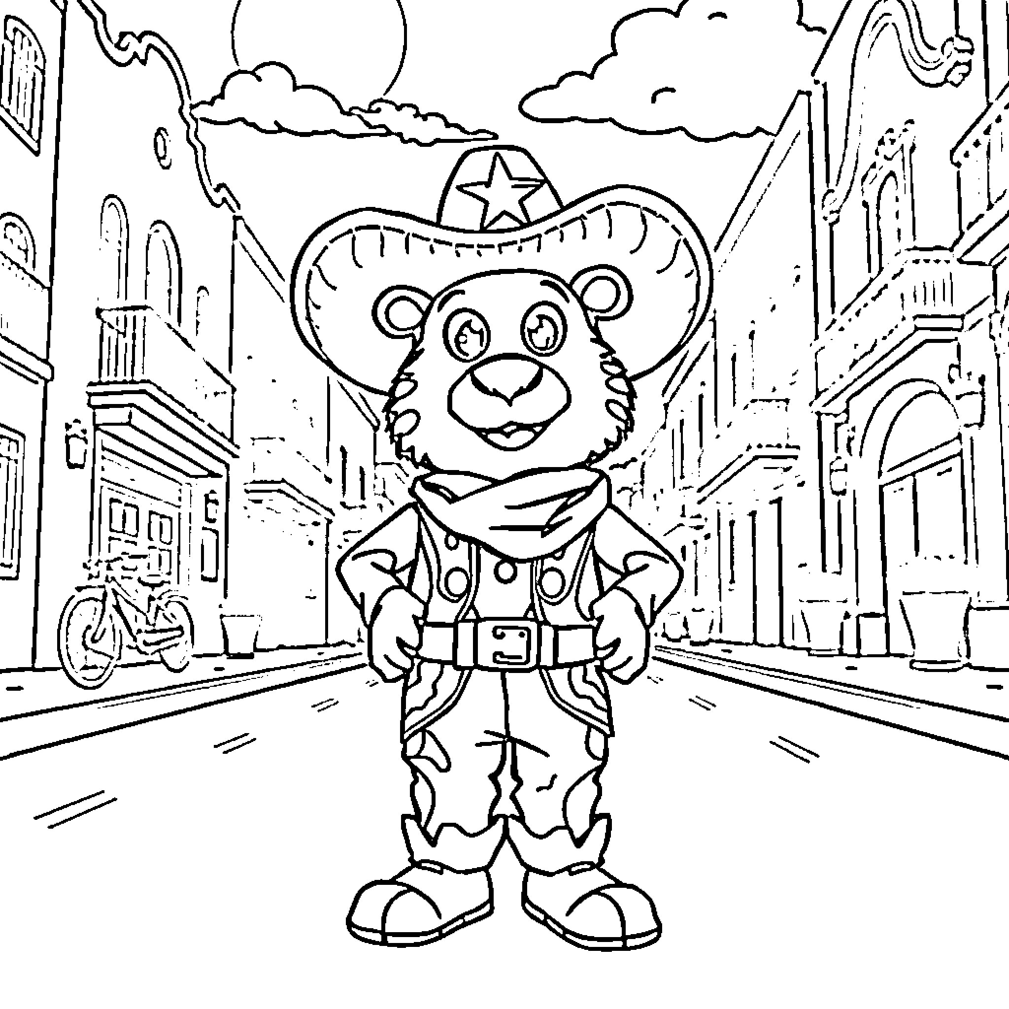 Keroppi the Friendly Cowboy in the City Coloring Page (free black-and-white line drawing printable PDF for all, from beginners to advanced learners, including children, teens, adults, and seniors)