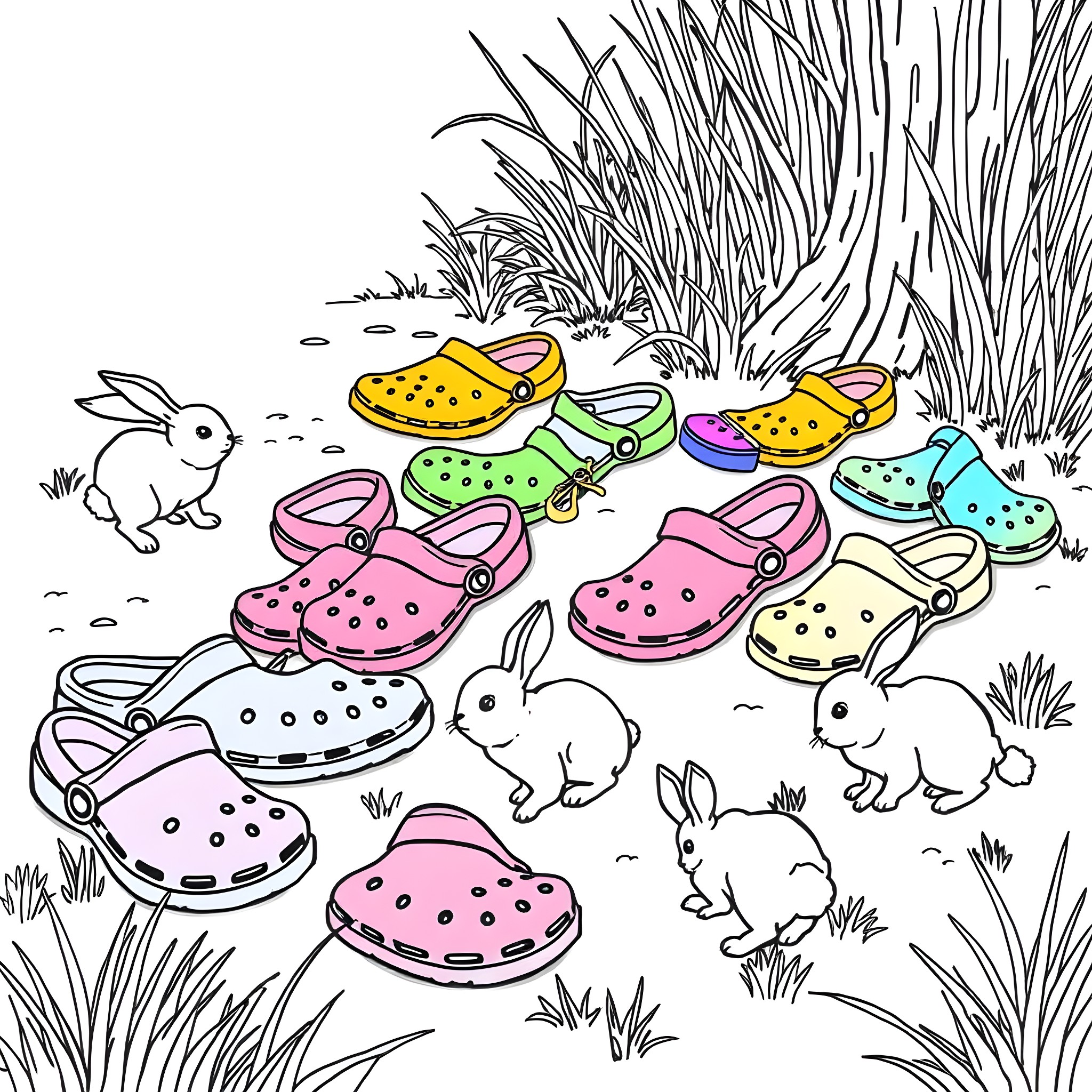 Crocs footwear and hopping bunnies in the grass Coloring Page (free black-and-white line drawing printable PDF for all, from beginners to advanced learners, including children, teens, adults, and seniors)