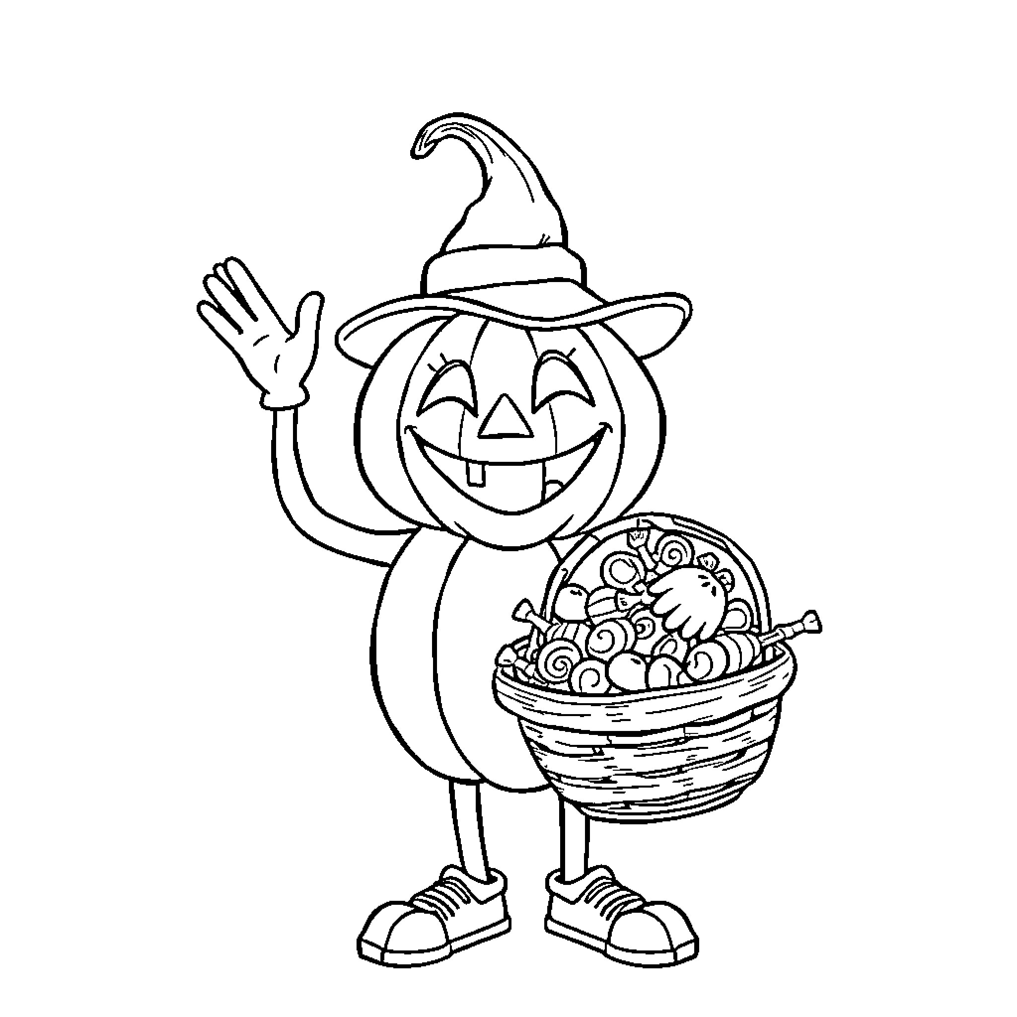Pumpkin Man Holding Candy Basket and Waving Coloring Page (free black-and-white line drawing printable PDF for all, from beginners to advanced learners, including children, teens, adults, and seniors)