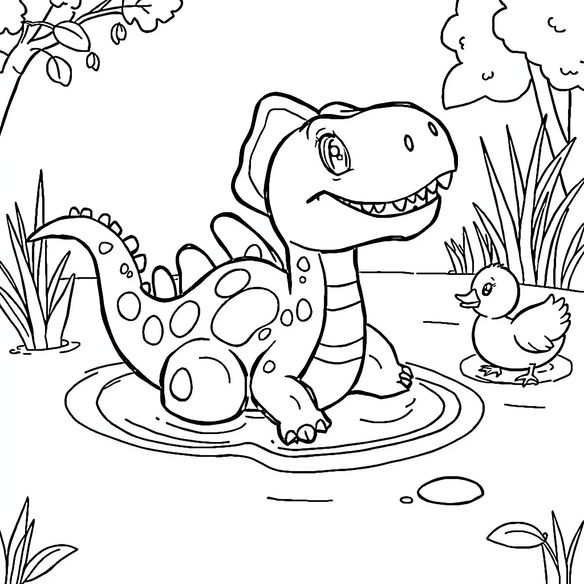 Dinosaur playing with duckling in natural setting Coloring Page (free black-and-white line drawing printable PDF for all, from beginners to advanced learners, including children, teens, adults, and seniors)
