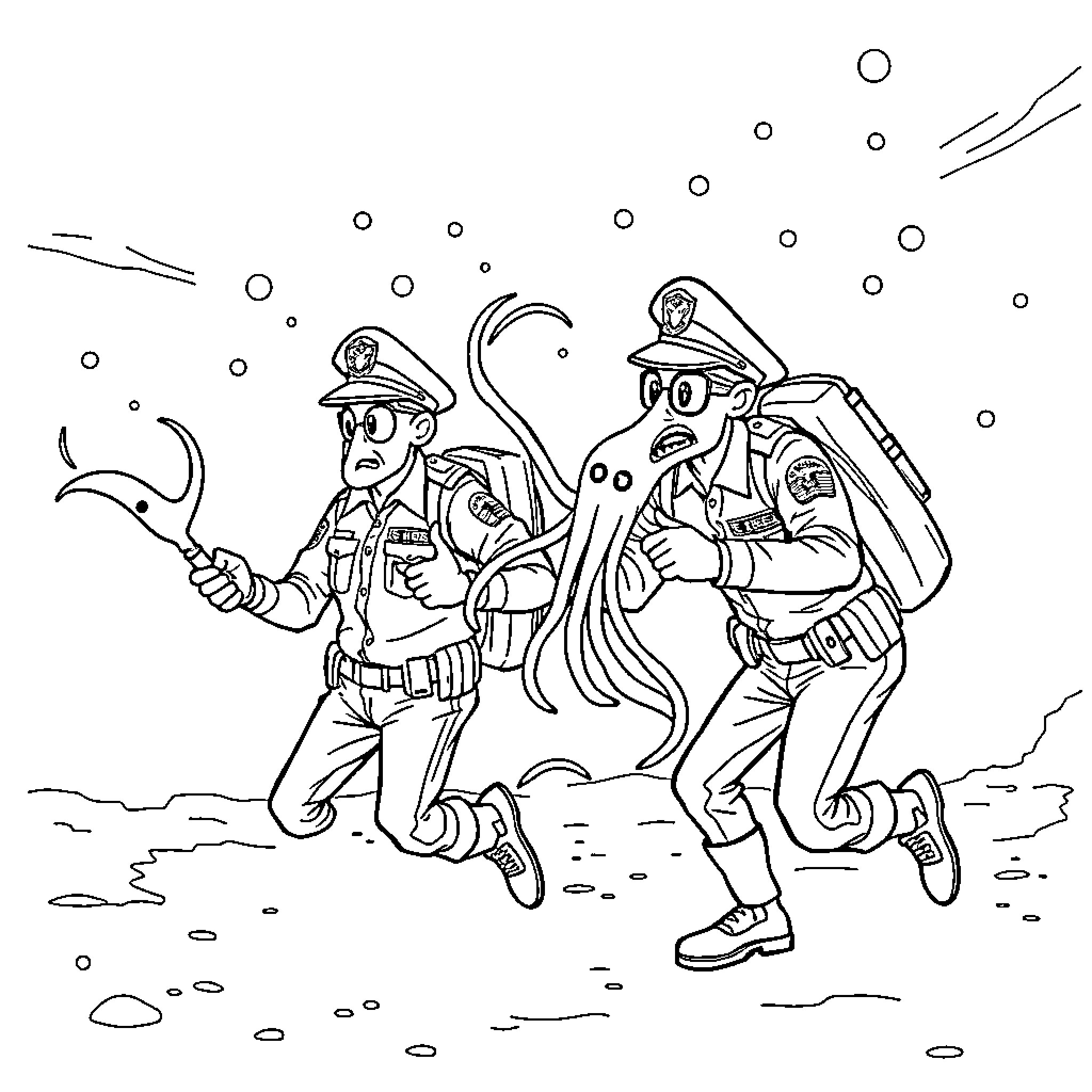 DHS Agents Capturing an Alien in the Field Coloring Page (free black-and-white line drawing printable PDF for all, from beginners to advanced learners, including children, teens, adults, and seniors)