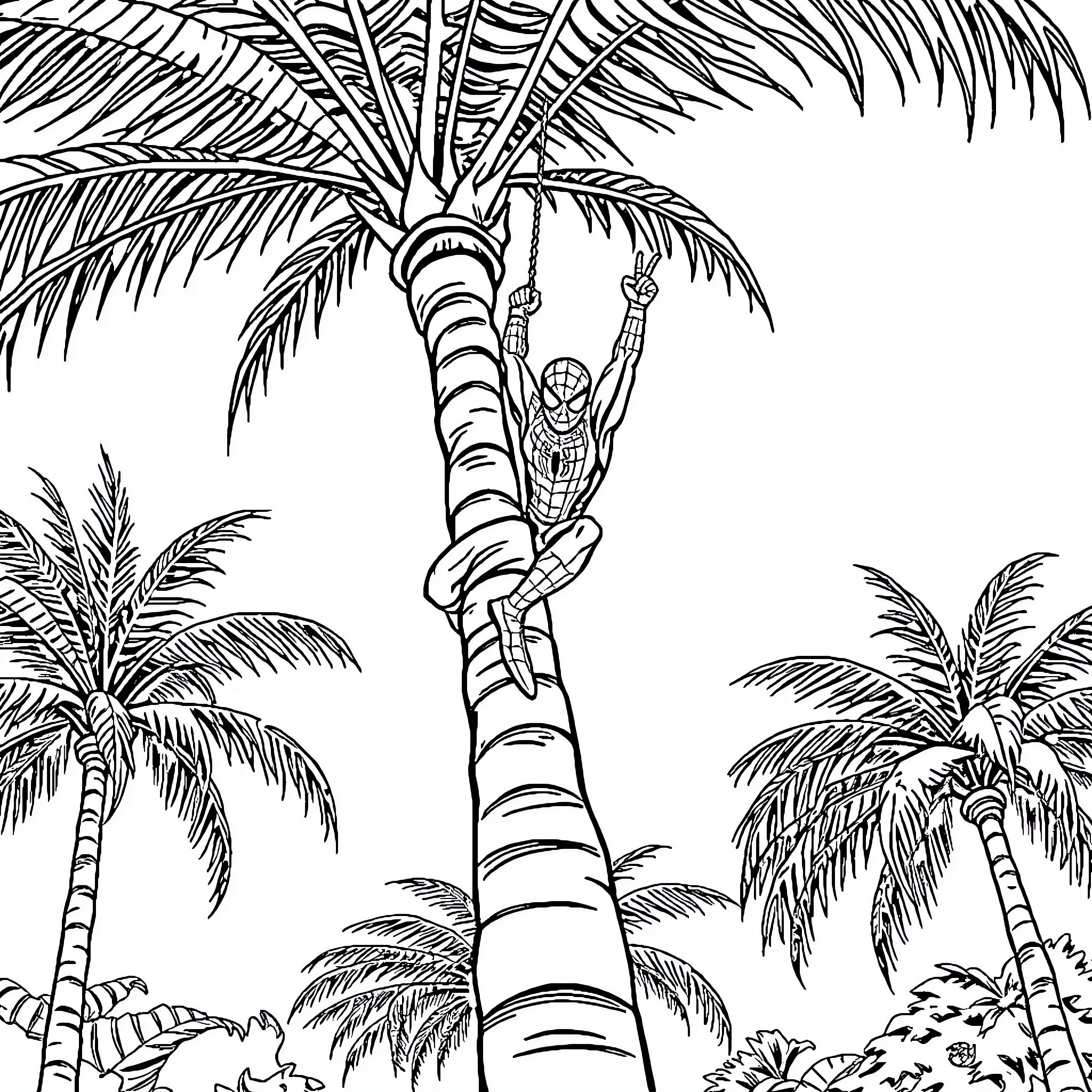 Spiderman swinging through palm trees on a tropical island Coloring Page (free black-and-white line drawing printable PDF for all, from beginners to advanced learners, including children, teens, adults, and seniors)