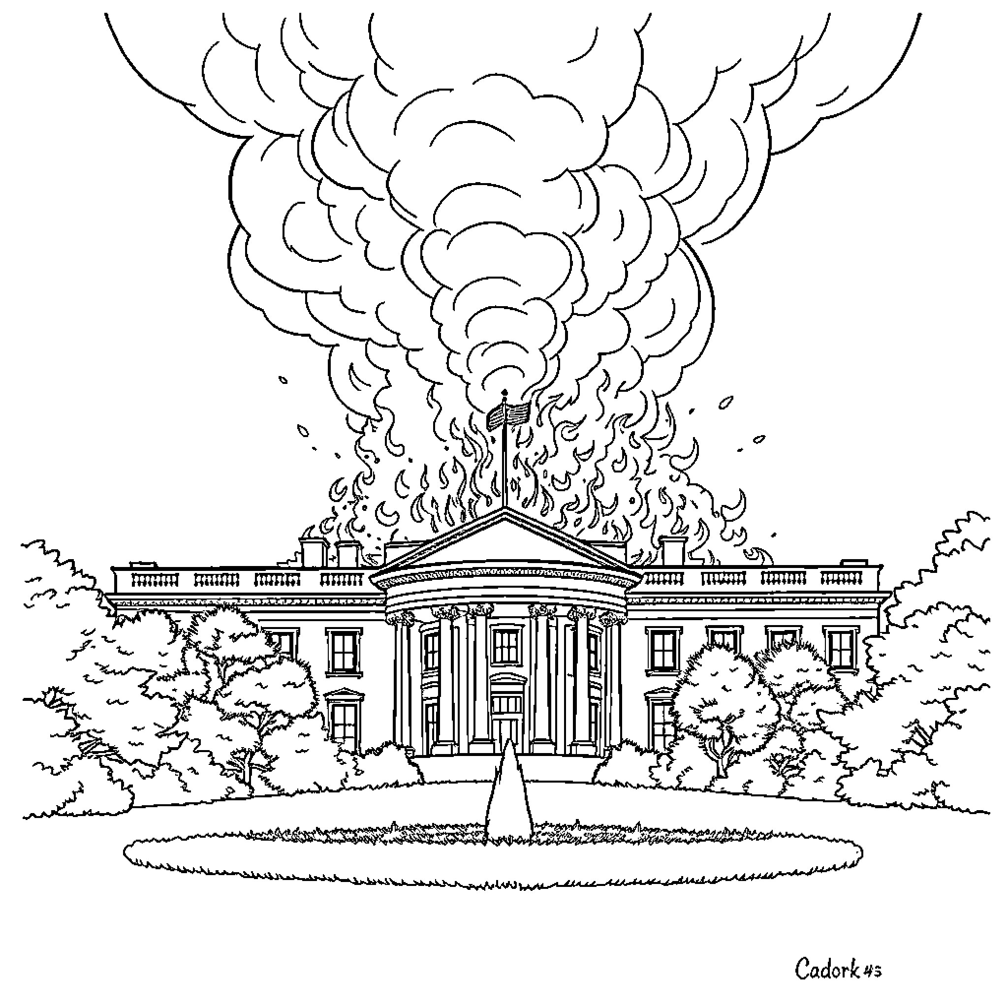 House on fire with dramatic smoke plume Coloring Page (free black-and-white line drawing printable PDF for all, from beginners to advanced learners, including children, teens, adults, and seniors)