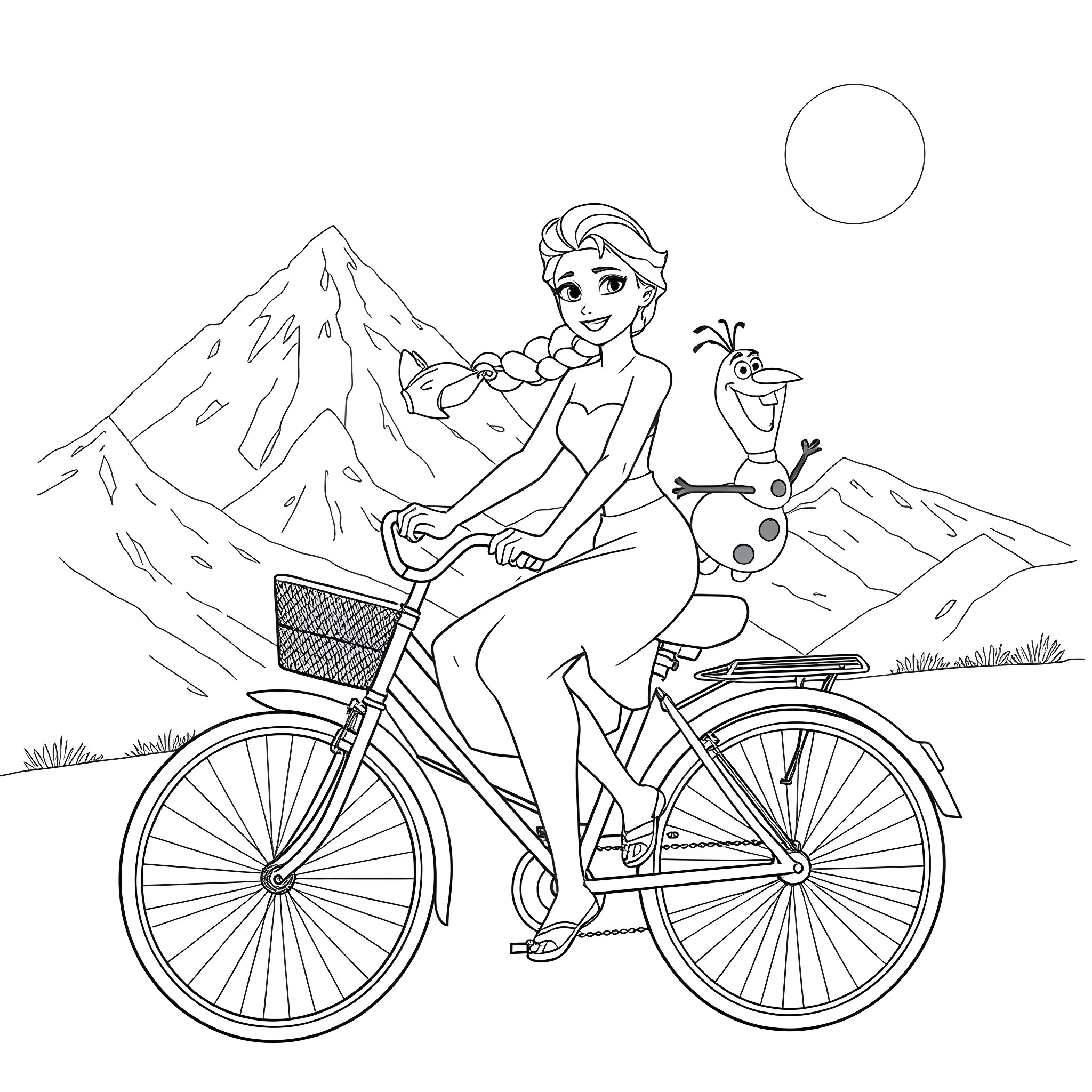 Elsa riding a bicycle with Olaf in the mountains Coloring Page (free black-and-white line drawing printable PDF for all, from beginners to advanced learners, including children, teens, adults, and seniors)