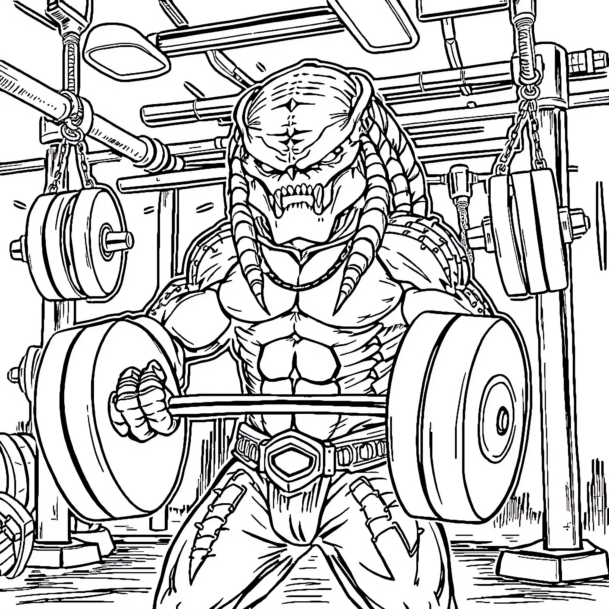 Predator working out menacingly in the gym Coloring Page (free black-and-white line drawing printable PDF for all, from beginners to advanced learners, including children, teens, adults, and seniors)