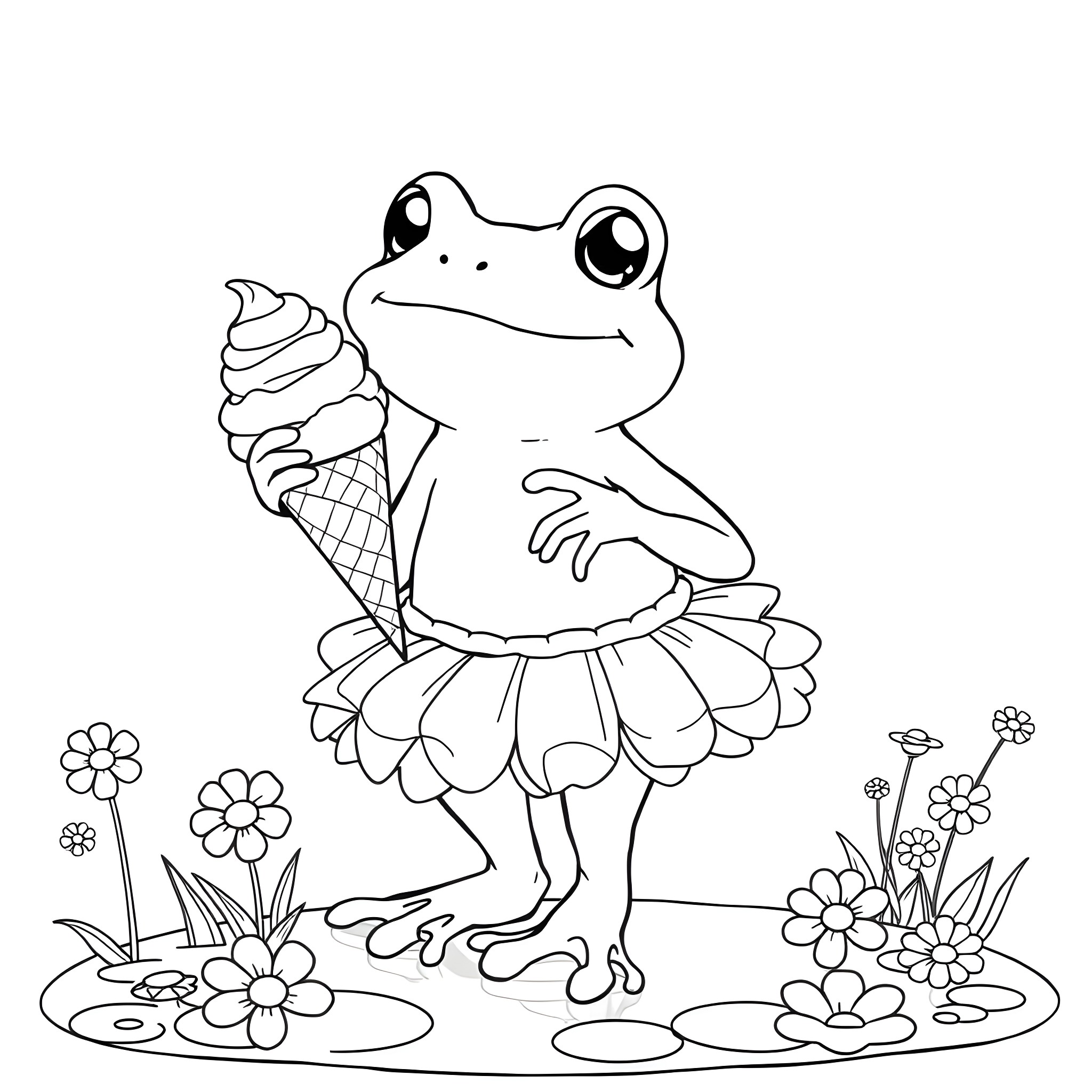 Frog enjoying an ice cream cone in a floral garden Coloring Page (free black-and-white line drawing printable PDF for all, from beginners to advanced learners, including children, teens, adults, and seniors)