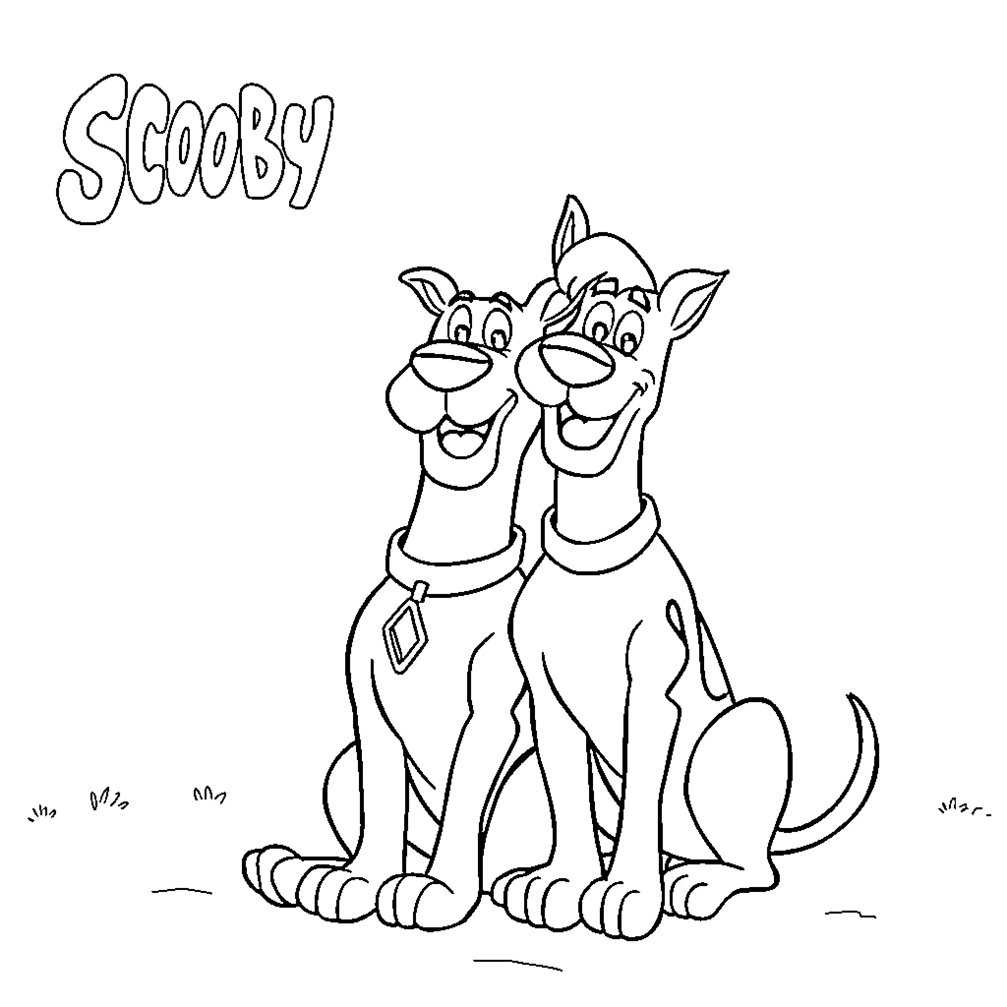 Scooby Doo and Scrappy Doo Sitting Together Coloring Page (free black-and-white line drawing printable PDF for all, from beginners to advanced learners, including children, teens, adults, and seniors)
