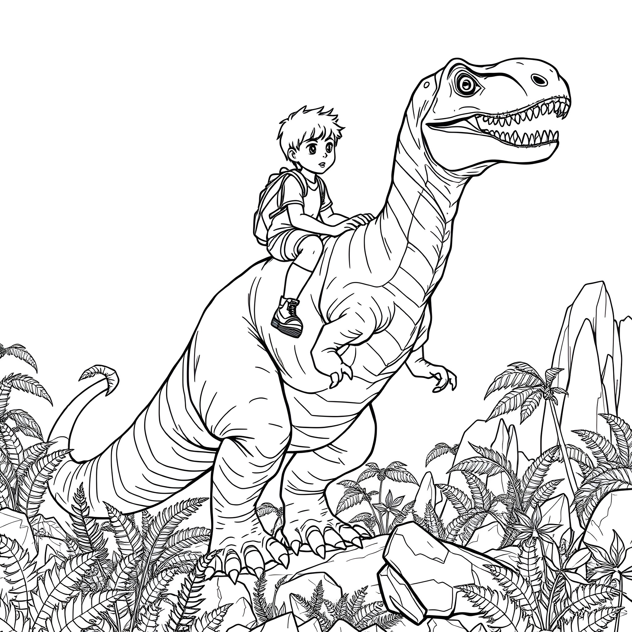 Boy riding a friendly dinosaur in the jungle Coloring Page (free black-and-white line drawing printable PDF for all, from beginners to advanced learners, including children, teens, adults, and seniors)