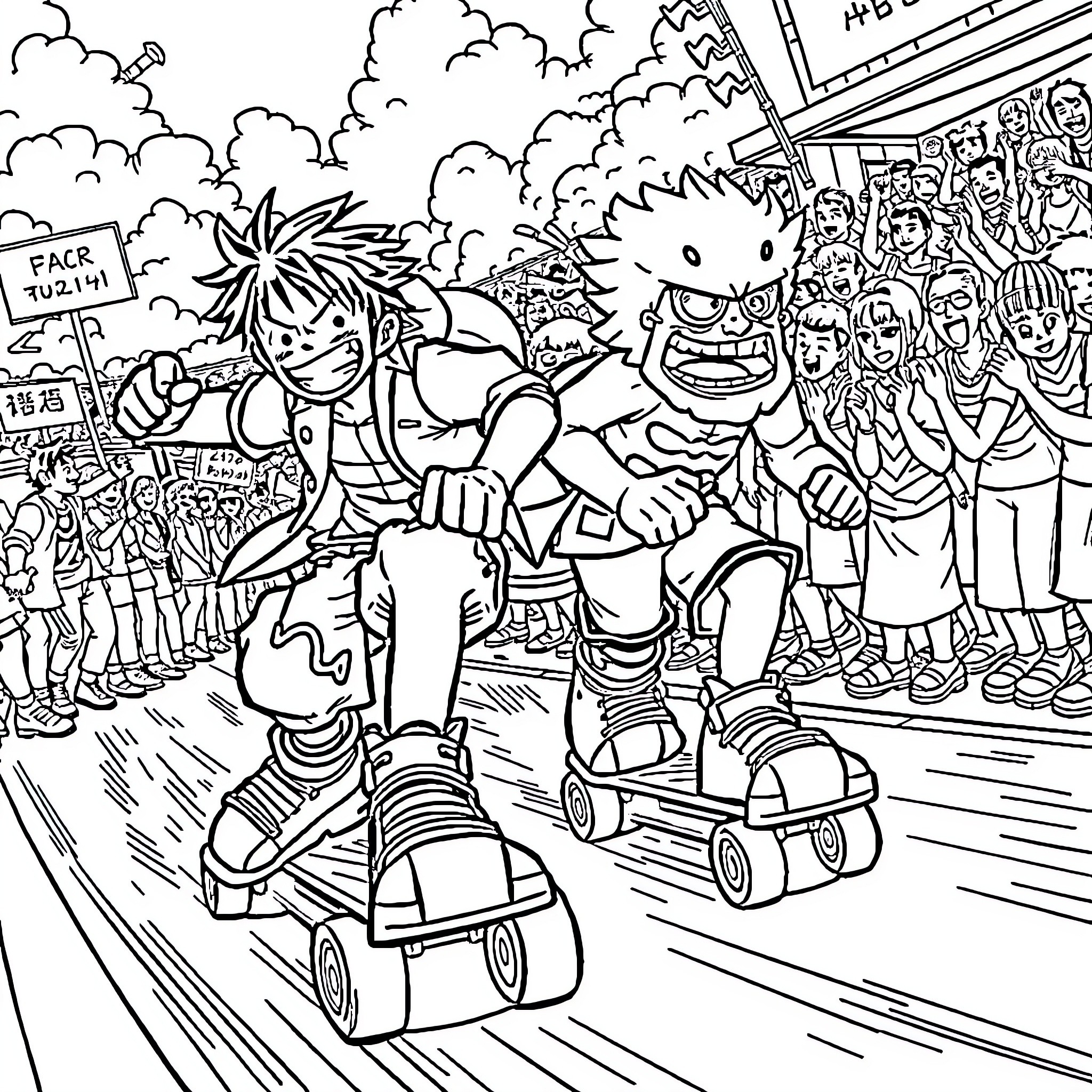Luffy and Monster Skating through Lively Crowd Coloring Page (free black-and-white line drawing printable PDF for all, from beginners to advanced learners, including children, teens, adults, and seniors)