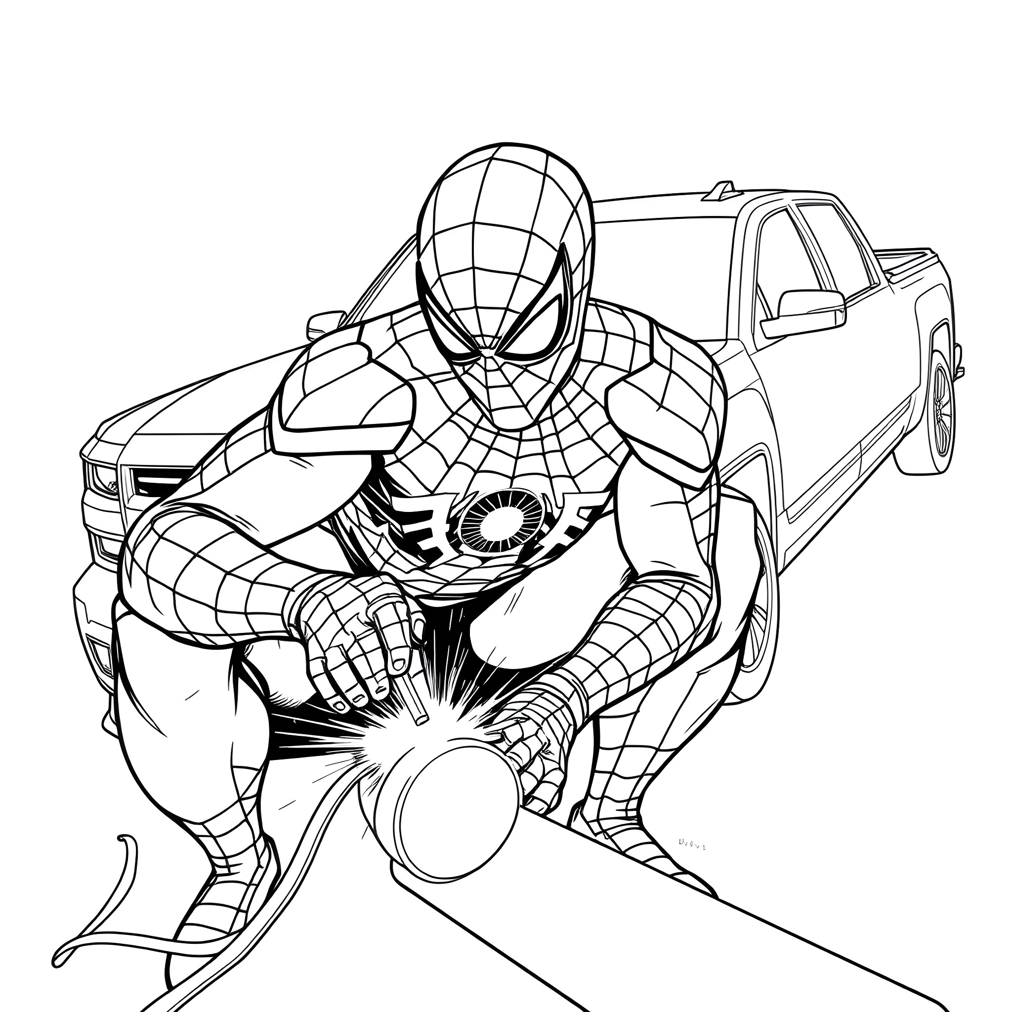 Spider-Man in action-packed pose with car Coloring Page (free black-and-white line drawing printable PDF for all, from beginners to advanced learners, including children, teens, adults, and seniors)