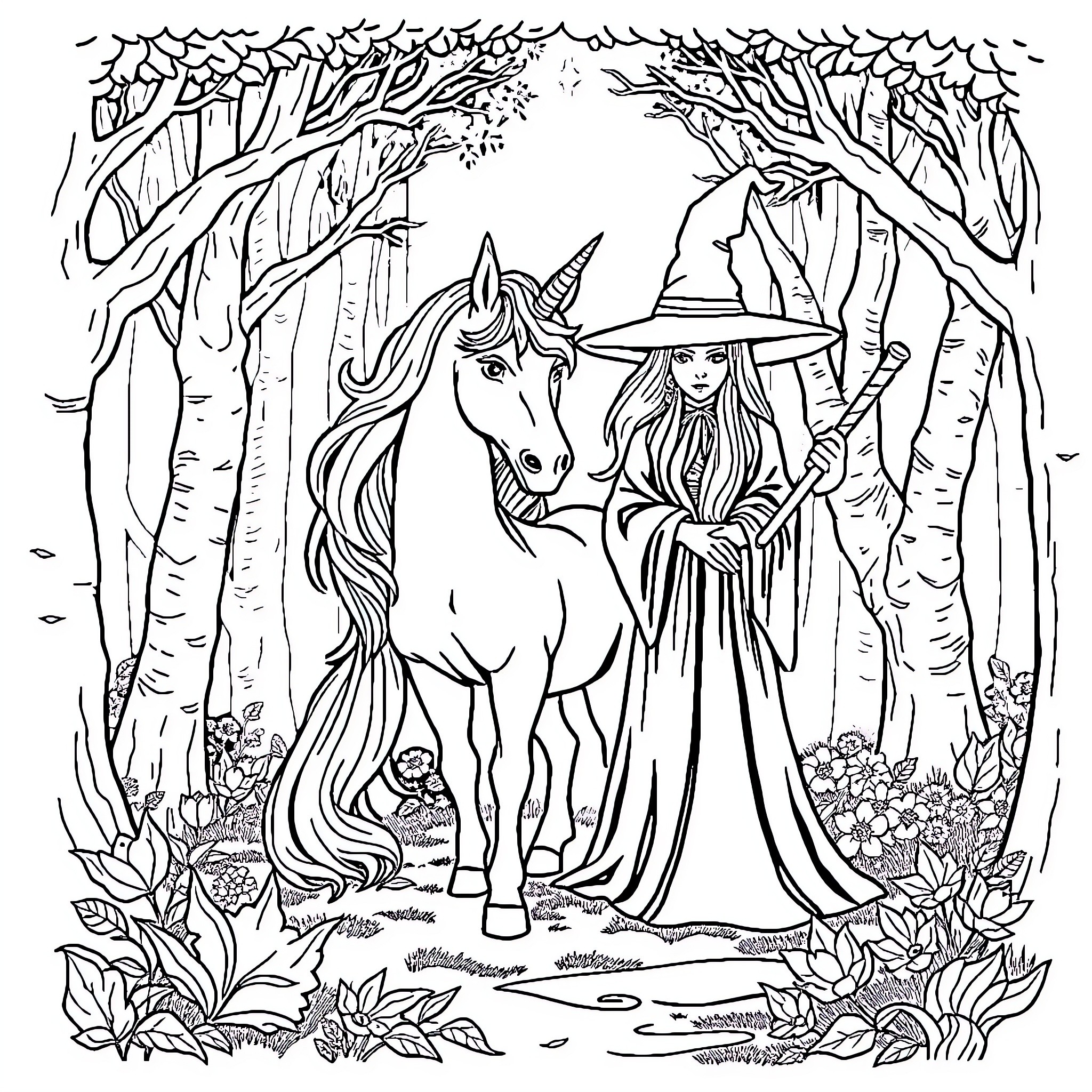 Unicorn and Witch in Enchanted Forest Coloring Page (free black-and-white line drawing printable PDF for all, from beginners to advanced learners, including children, teens, adults, and seniors)