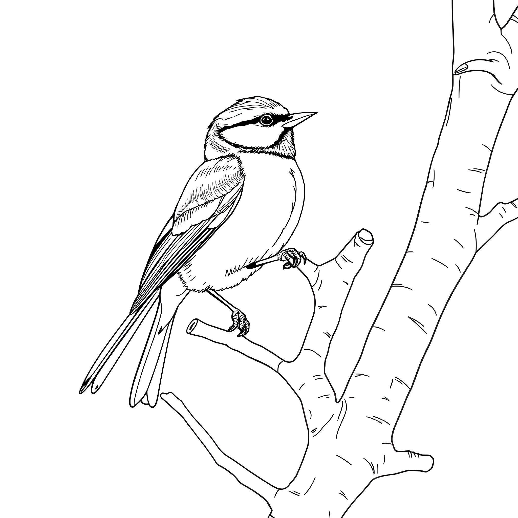 Great Tit perched on a branch Coloring Page (free black-and-white line drawing printable PDF for all, from beginners to advanced learners, including children, teens, adults, and seniors)
