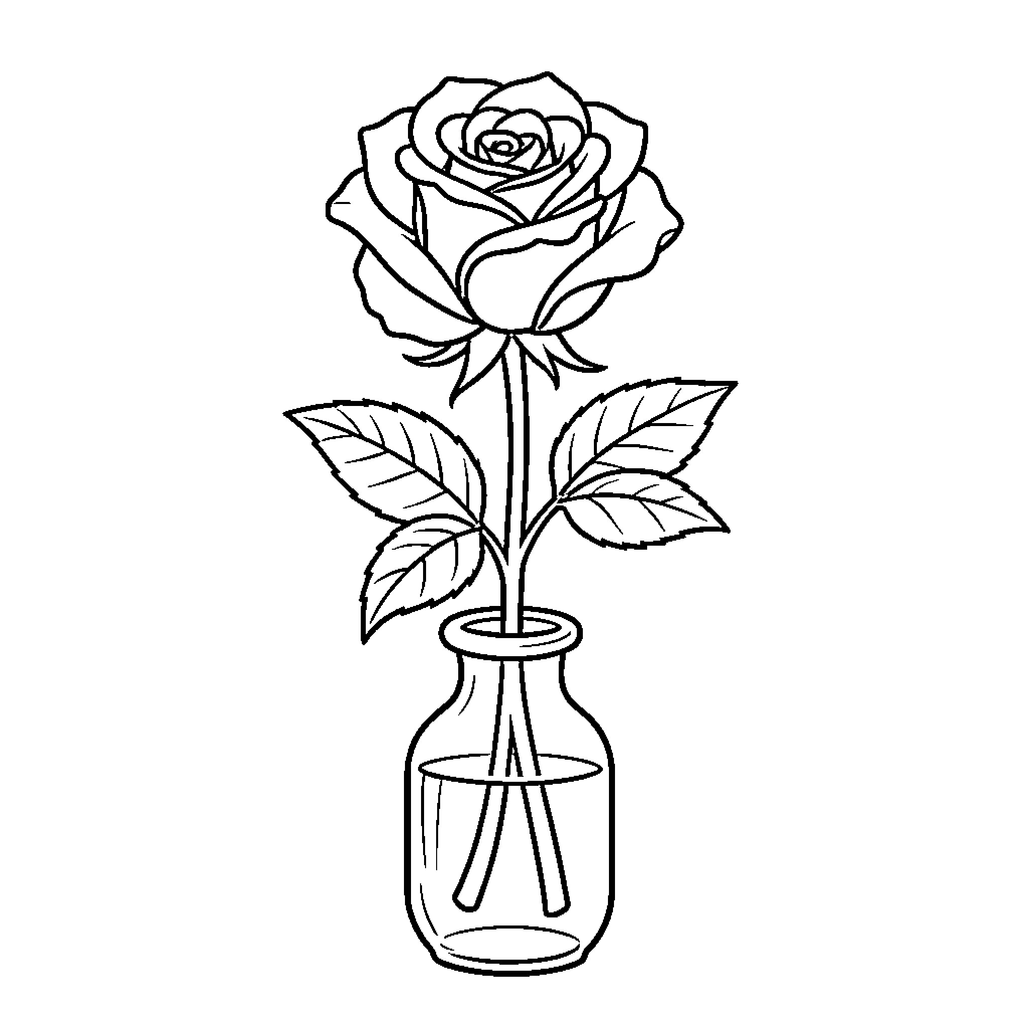 Rose standing elegantly in a small glass vase Coloring Page (free black-and-white line drawing printable PDF for all, from beginners to advanced learners, including children, teens, adults, and seniors)