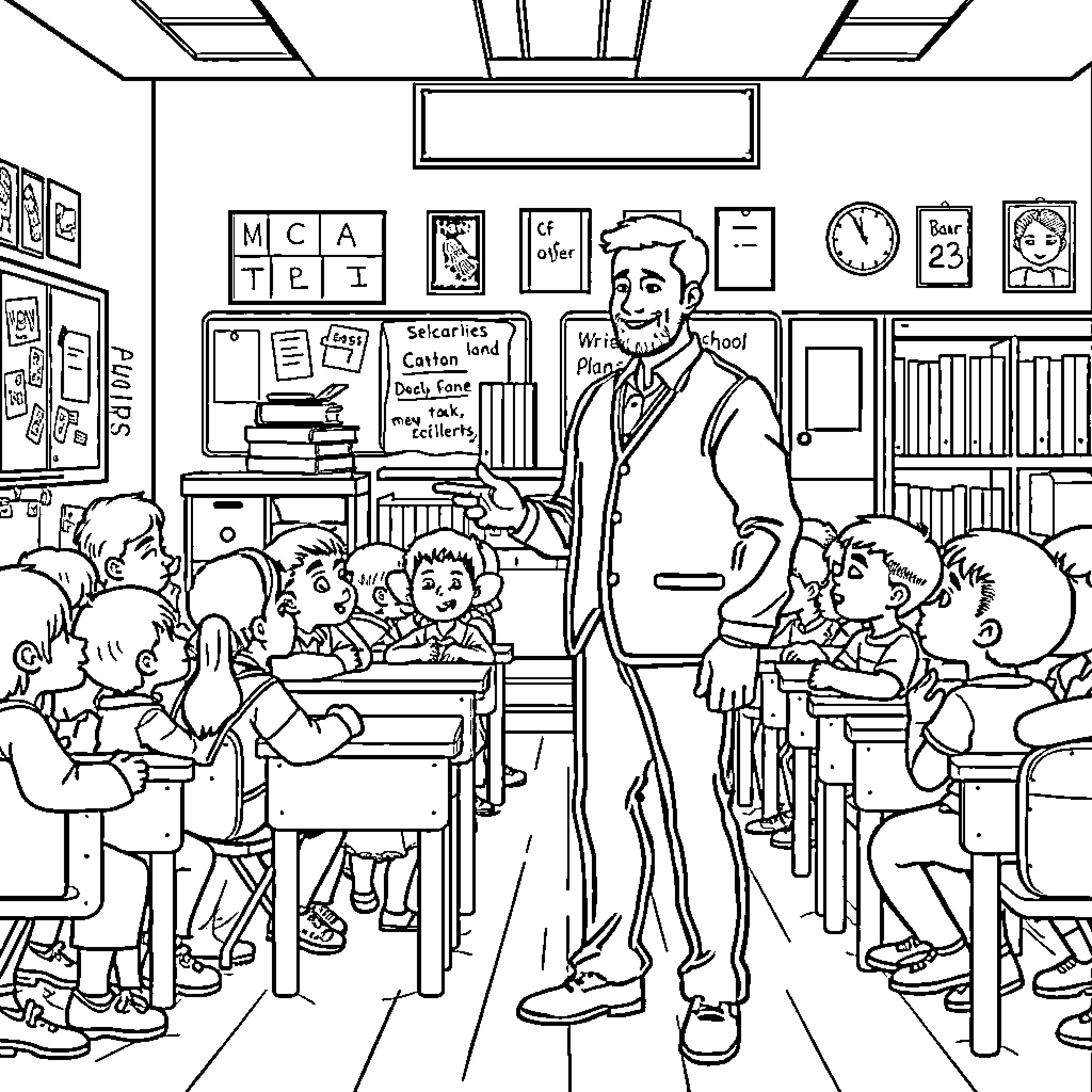 Teacher guiding students in a classroom setting Coloring Page (free black-and-white line drawing printable PDF for all, from beginners to advanced learners, including children, teens, adults, and seniors)