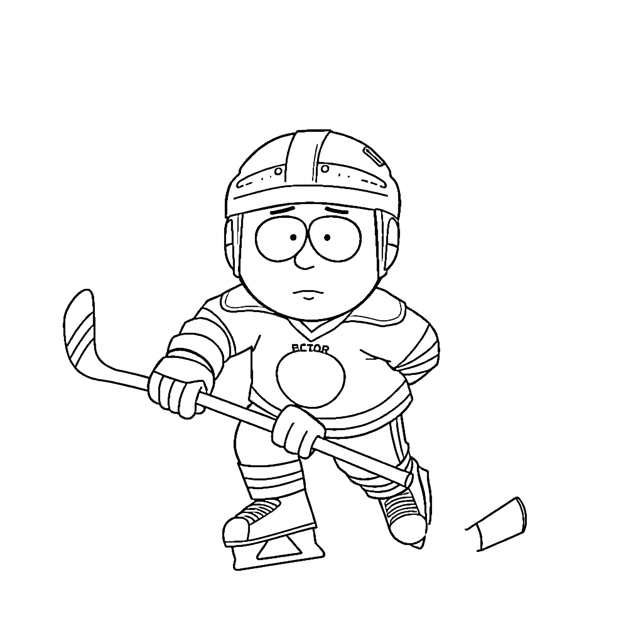 Eric Cartman playing hockey in his jersey Coloring Page (free black-and-white line drawing printable PDF for all, from beginners to advanced learners, including children, teens, adults, and seniors)