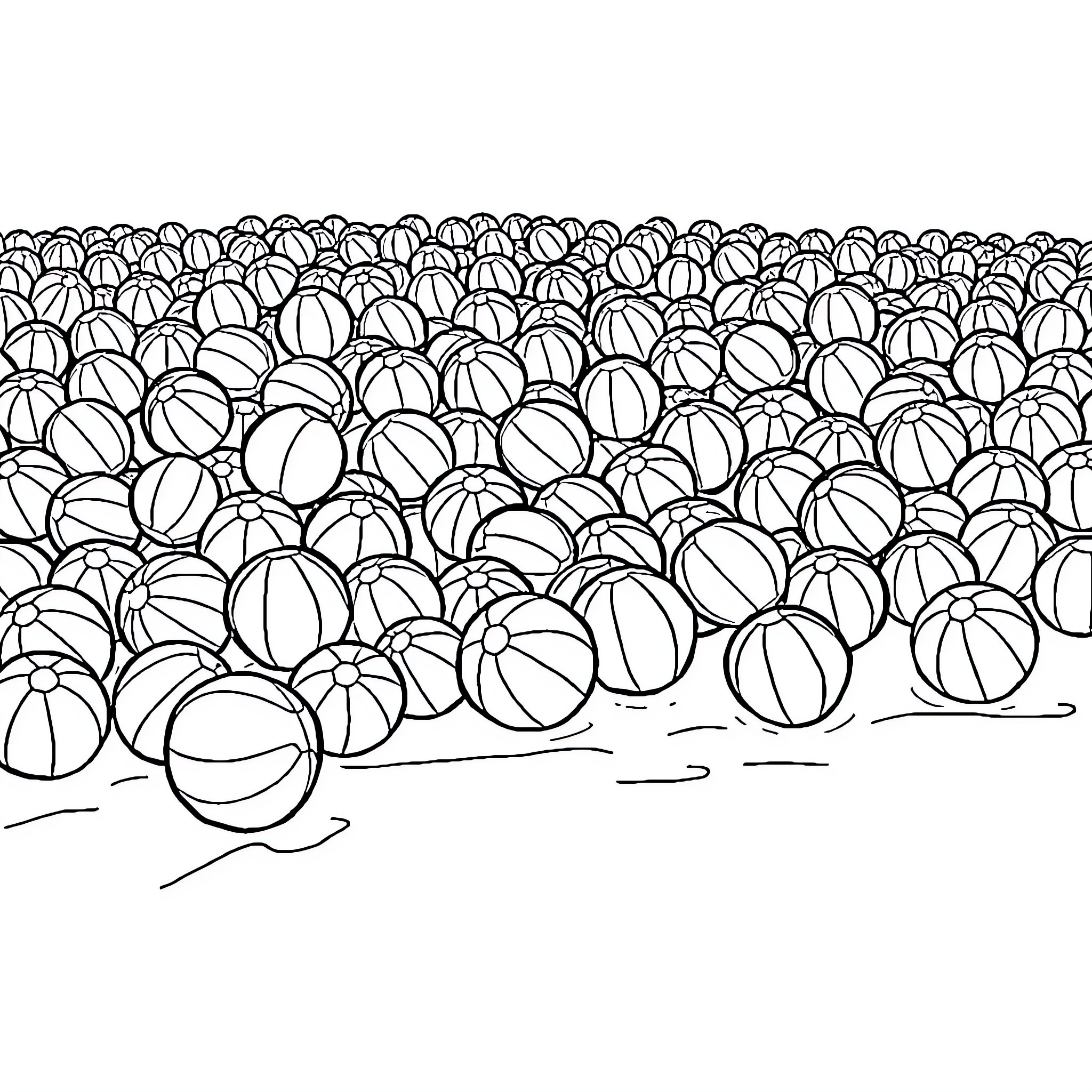 Beach Ball Pile on a Sunny Day Coloring Page (free black-and-white line drawing printable PDF for all, from beginners to advanced learners, including children, teens, adults, and seniors)