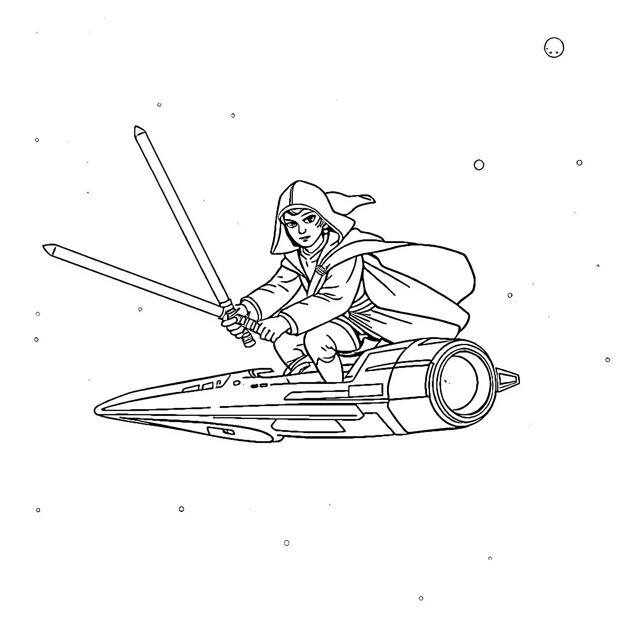 Jedi Pirate flying through space on futuristic vehicle Coloring Page (free black-and-white line drawing printable PDF for all, from beginners to advanced learners, including children, teens, adults, and seniors)
