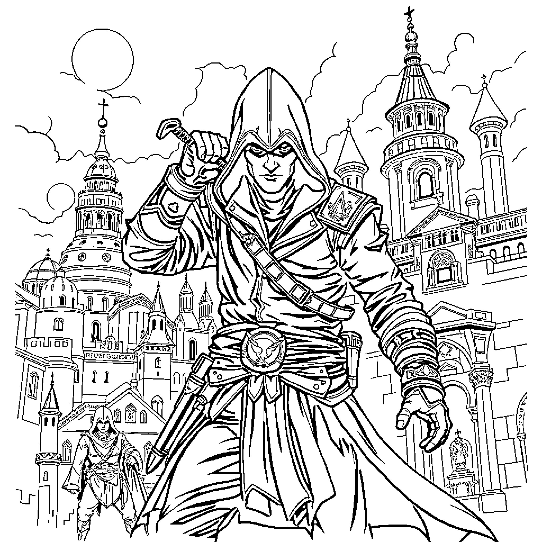 Assassin Stalking Through an Ornate City Coloring Page (free black-and-white line drawing printable PDF for all, from beginners to advanced learners, including children, teens, adults, and seniors)