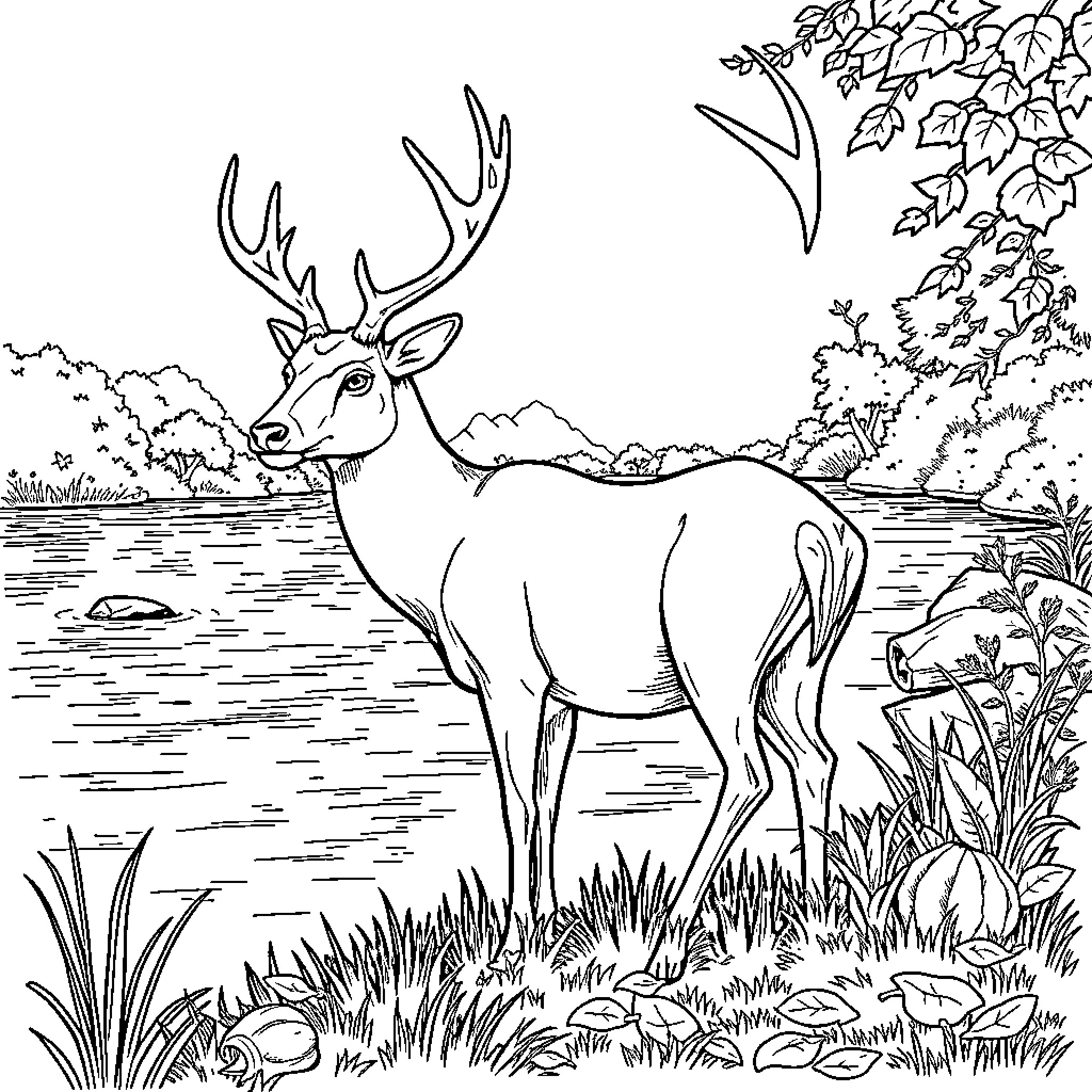 Buck in the serene forest landscape Coloring Page (free black-and-white line drawing printable PDF for all, from beginners to advanced learners, including children, teens, adults, and seniors)