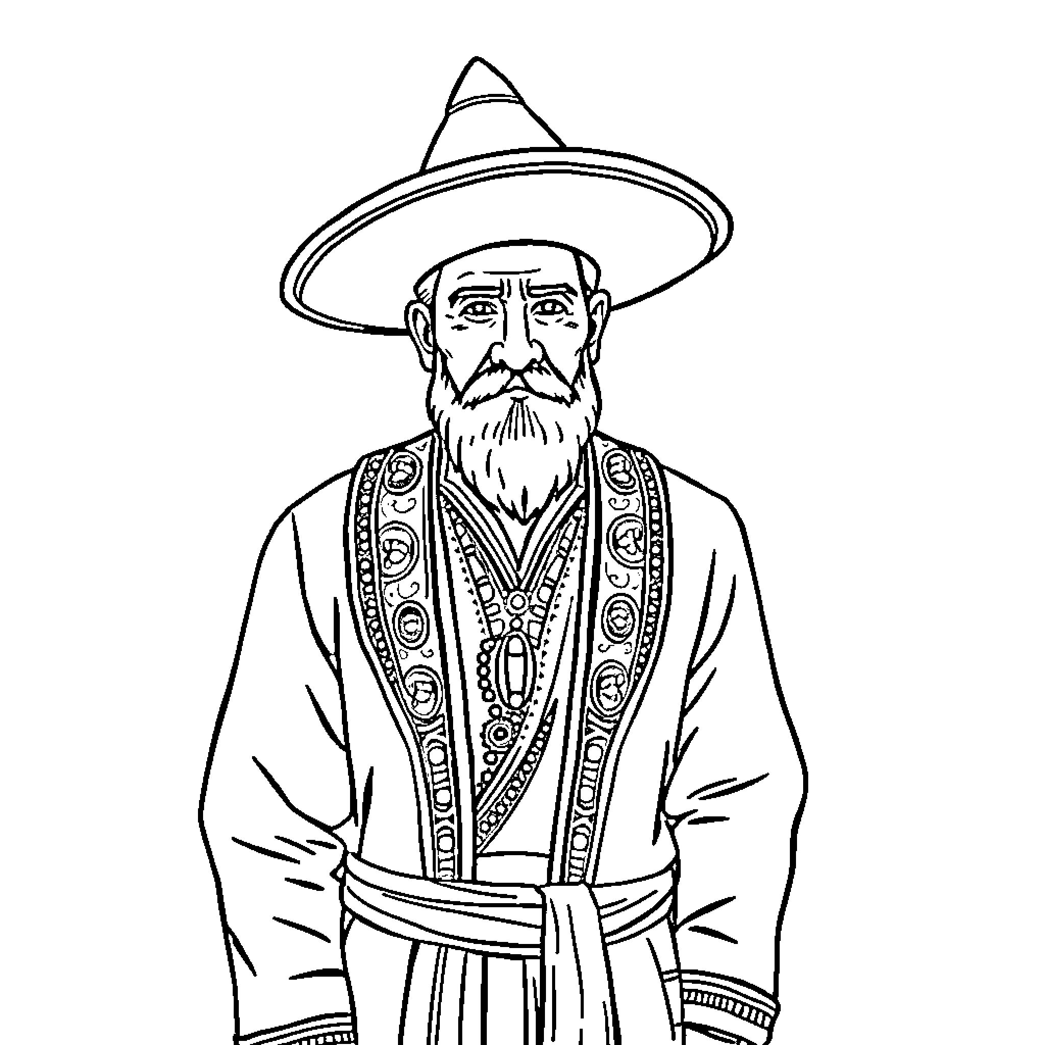 Turkish Man in Traditional Ceremonial Attire Coloring Page (free black-and-white line drawing printable PDF for all, from beginners to advanced learners, including children, teens, adults, and seniors)