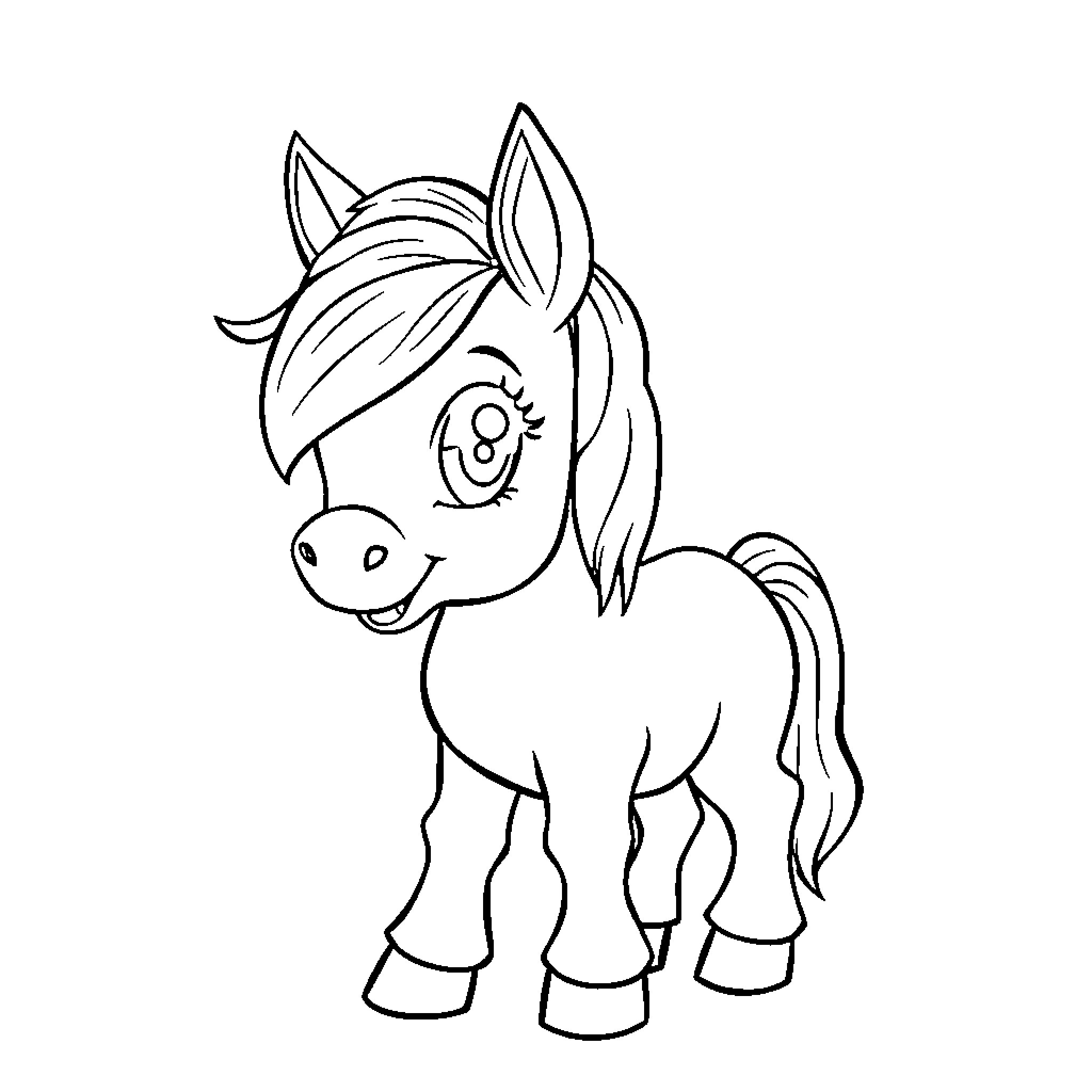 Pony smiling and looking playful Coloring Page (free black-and-white line drawing printable PDF for all, from beginners to advanced learners, including children, teens, adults, and seniors)