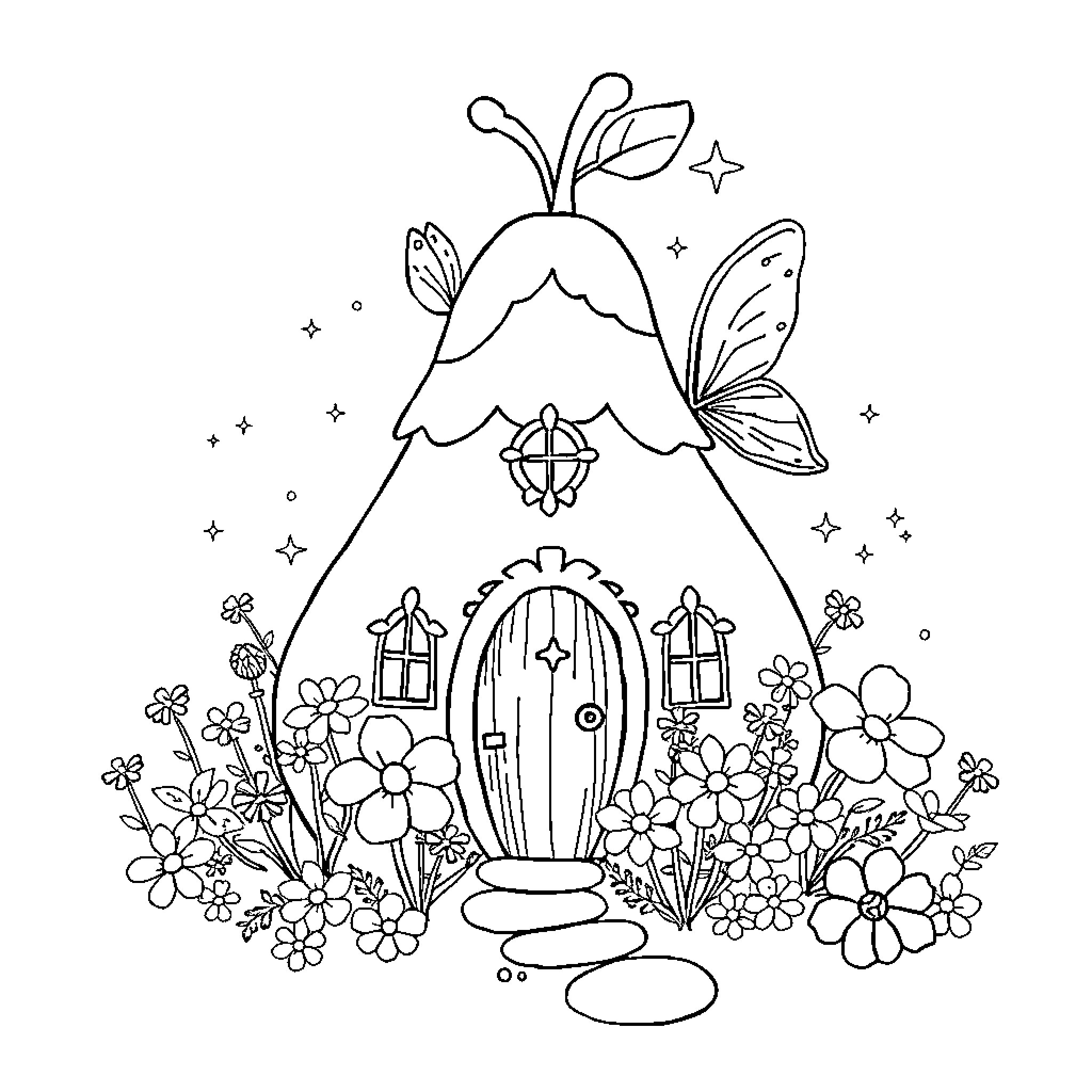 House with Whimsical Floral Decor and Butterfly Coloring Page (free black-and-white line drawing printable PDF for all, from beginners to advanced learners, including children, teens, adults, and seniors)