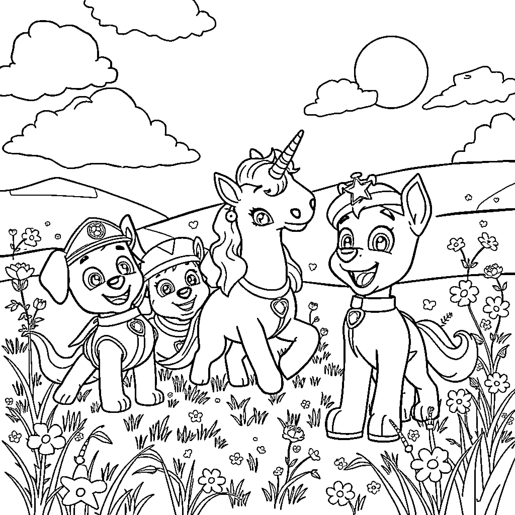 Paw Patrol Pups Explore a Magical Meadow Coloring Page (free black-and-white line drawing printable PDF for all, from beginners to advanced learners, including children, teens, adults, and seniors)