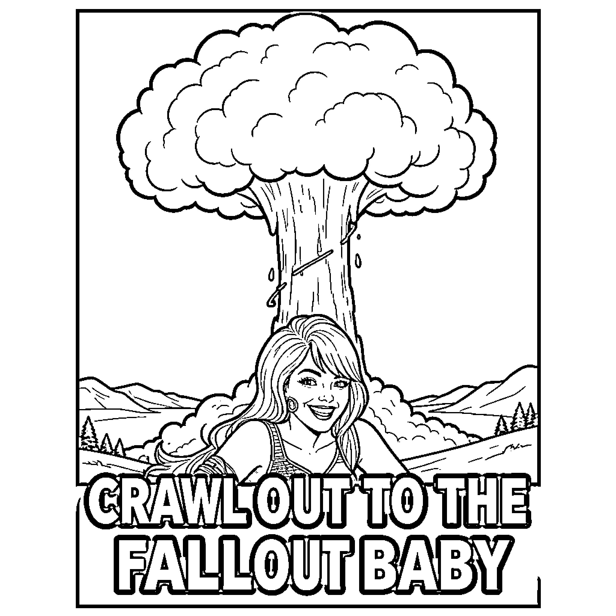 Pin Up Girl smiling in front of a mushroom cloud Coloring Page (free black-and-white line drawing printable PDF for all, from beginners to advanced learners, including children, teens, adults, and seniors)