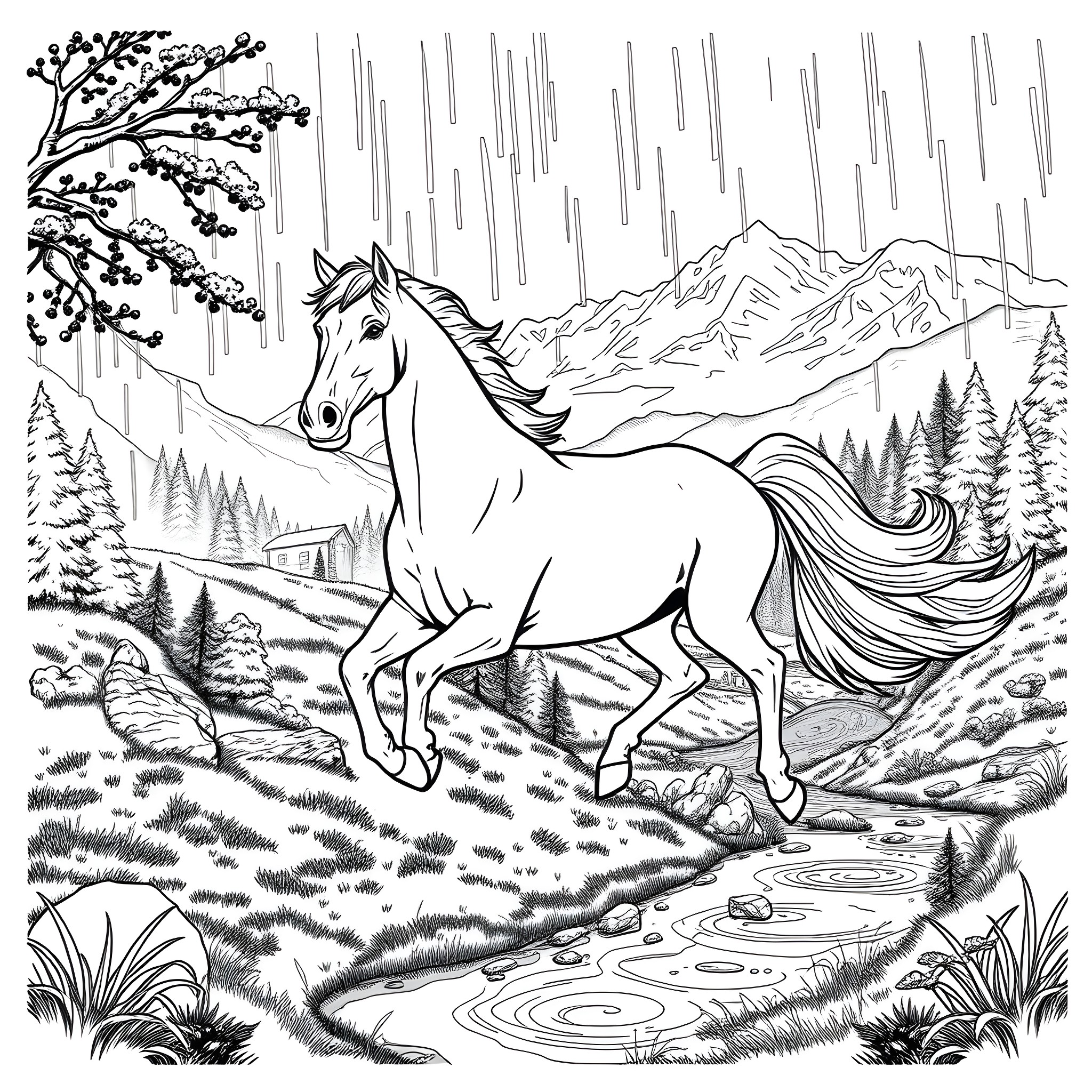 Stallion galloping through serene mountain landscape Coloring Page (free black-and-white line drawing printable PDF for all, from beginners to advanced learners, including children, teens, adults, and seniors)