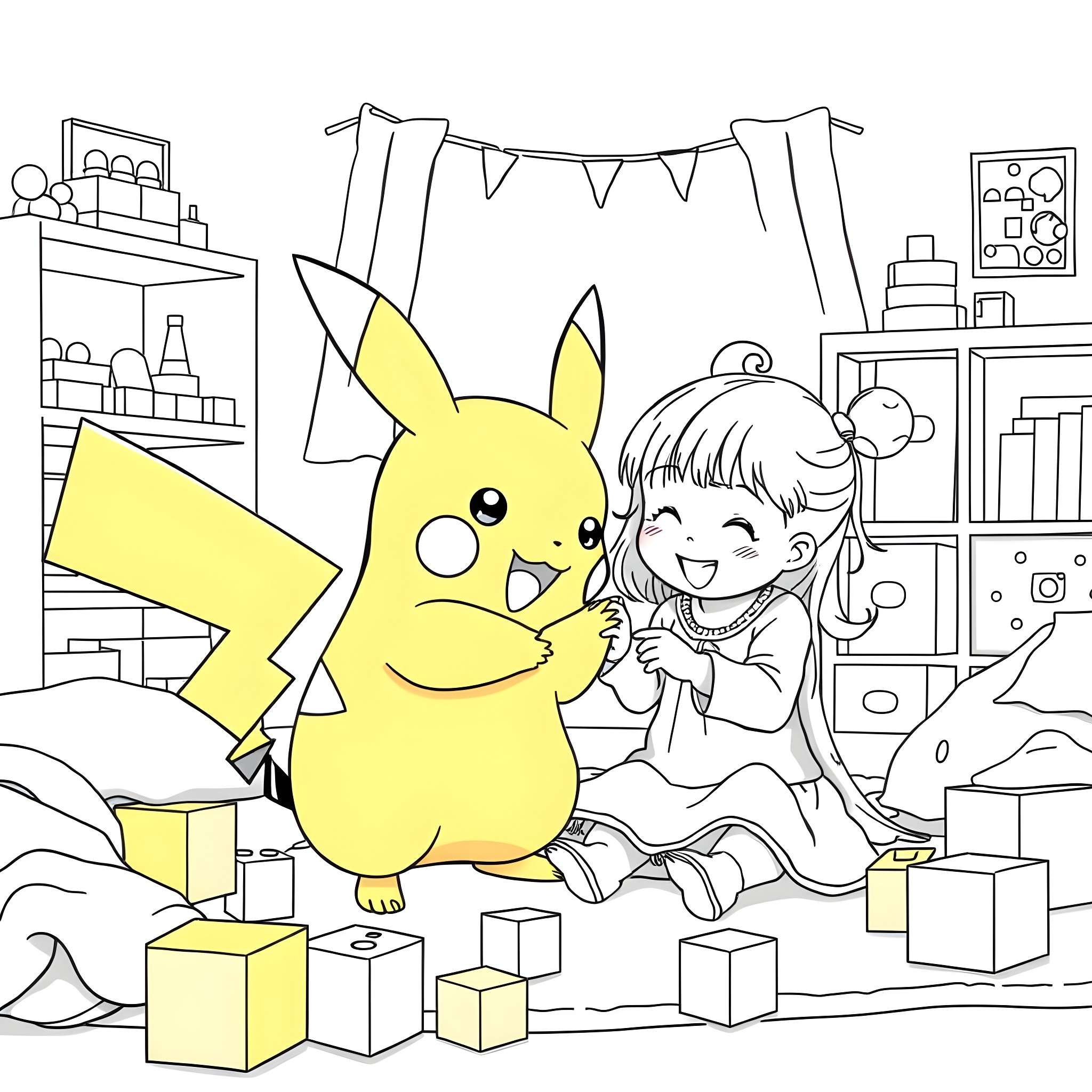 Pikachu and a cheerful girl playing together in a room Coloring Page (free black-and-white line drawing printable PDF for all, from beginners to advanced learners, including children, teens, adults, and seniors)