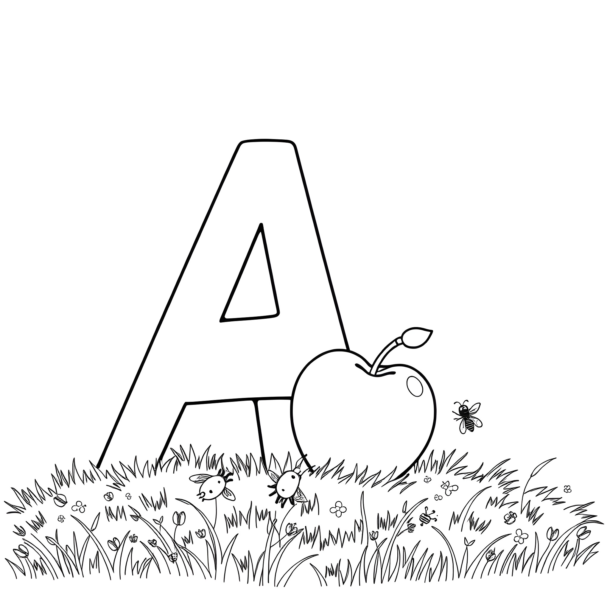 Letter A with Apple and Insects in Grass Coloring Page (free black-and-white line drawing printable PDF for all, from beginners to advanced learners, including children, teens, adults, and seniors)