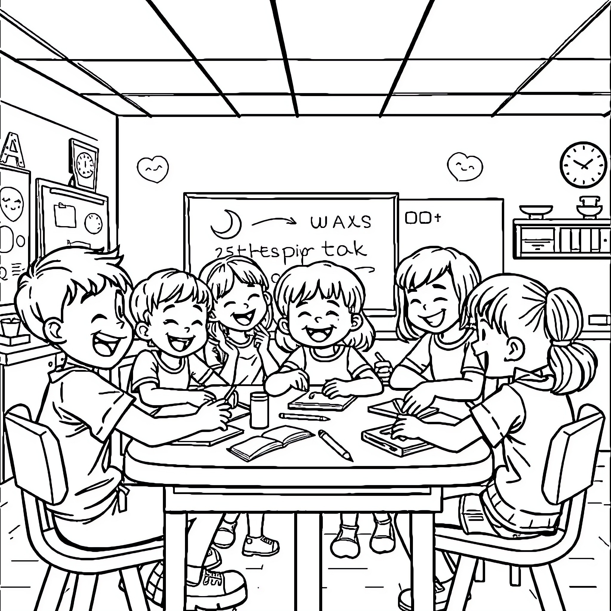 Learners engaged in group activity in the classroom Coloring Page (free black-and-white line drawing printable PDF for all, from beginners to advanced learners, including children, teens, adults, and seniors)