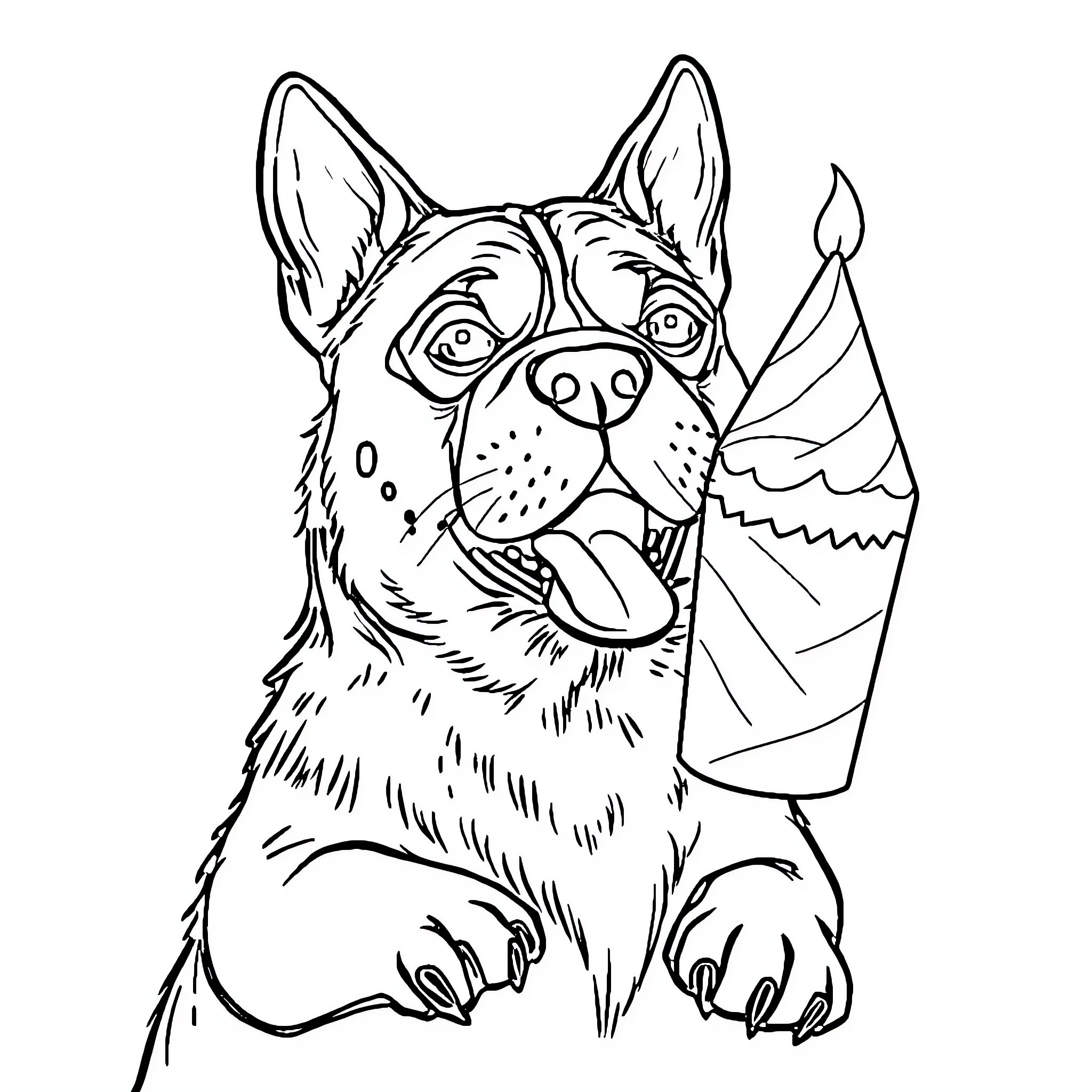 Perro celebrating with party hat Coloring Page (free black-and-white line drawing printable PDF for all, from beginners to advanced learners, including children, teens, adults, and seniors)