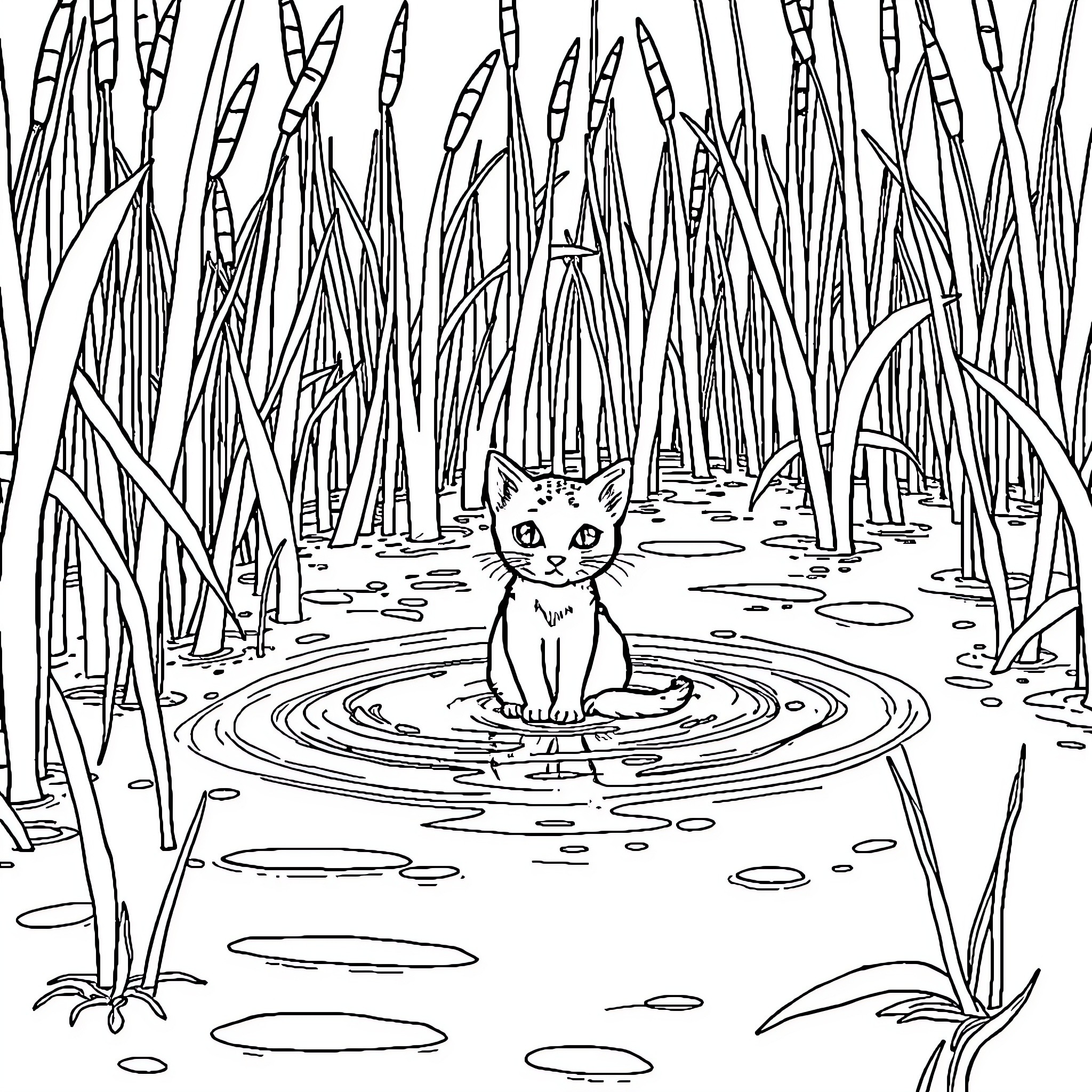 Cat in a tranquil pond surrounded by reeds Coloring Page (free black-and-white line drawing printable PDF for all, from beginners to advanced learners, including children, teens, adults, and seniors)