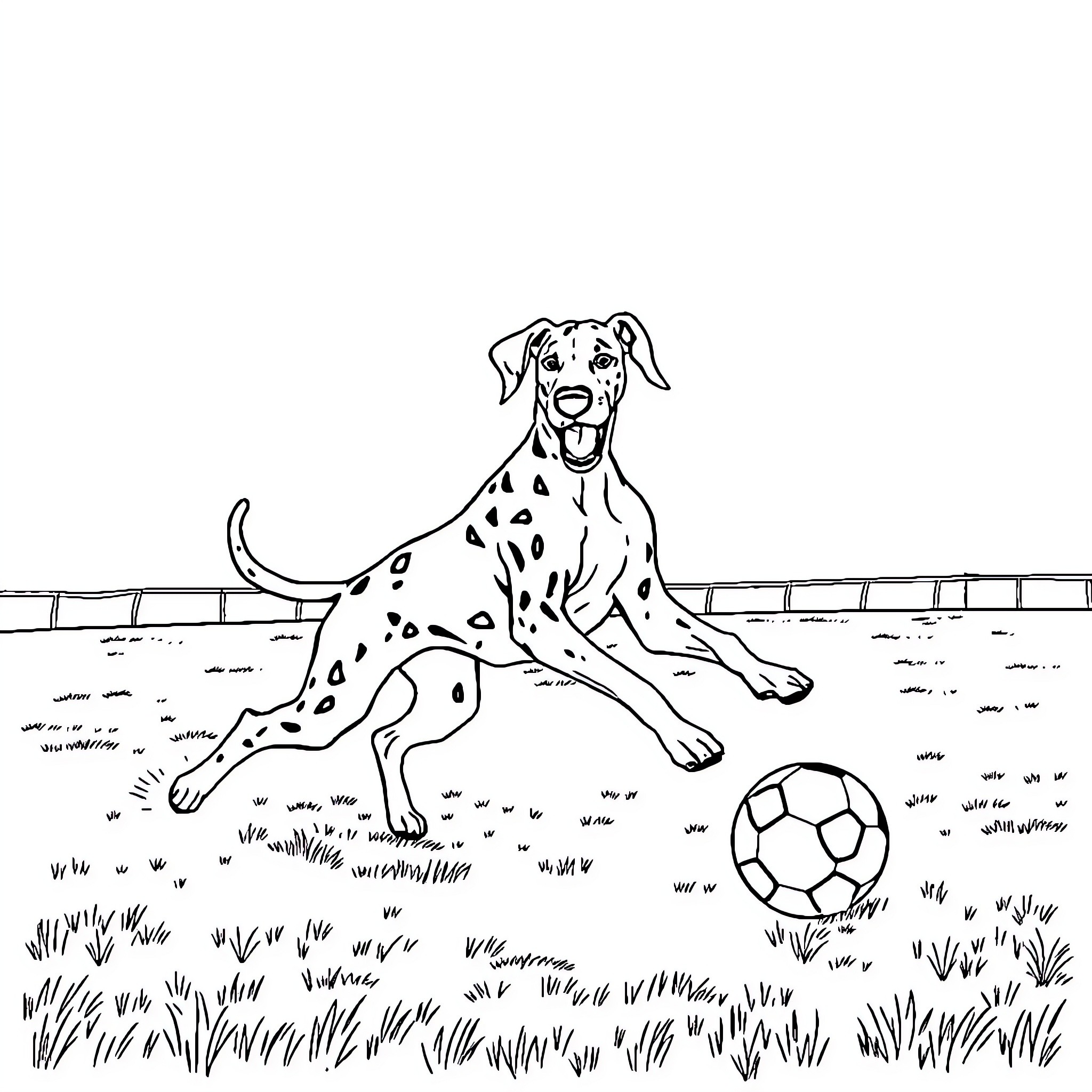 Great Dane playing joyfully with soccer ball Coloring Page (free black-and-white line drawing printable PDF for all, from beginners to advanced learners, including children, teens, adults, and seniors)