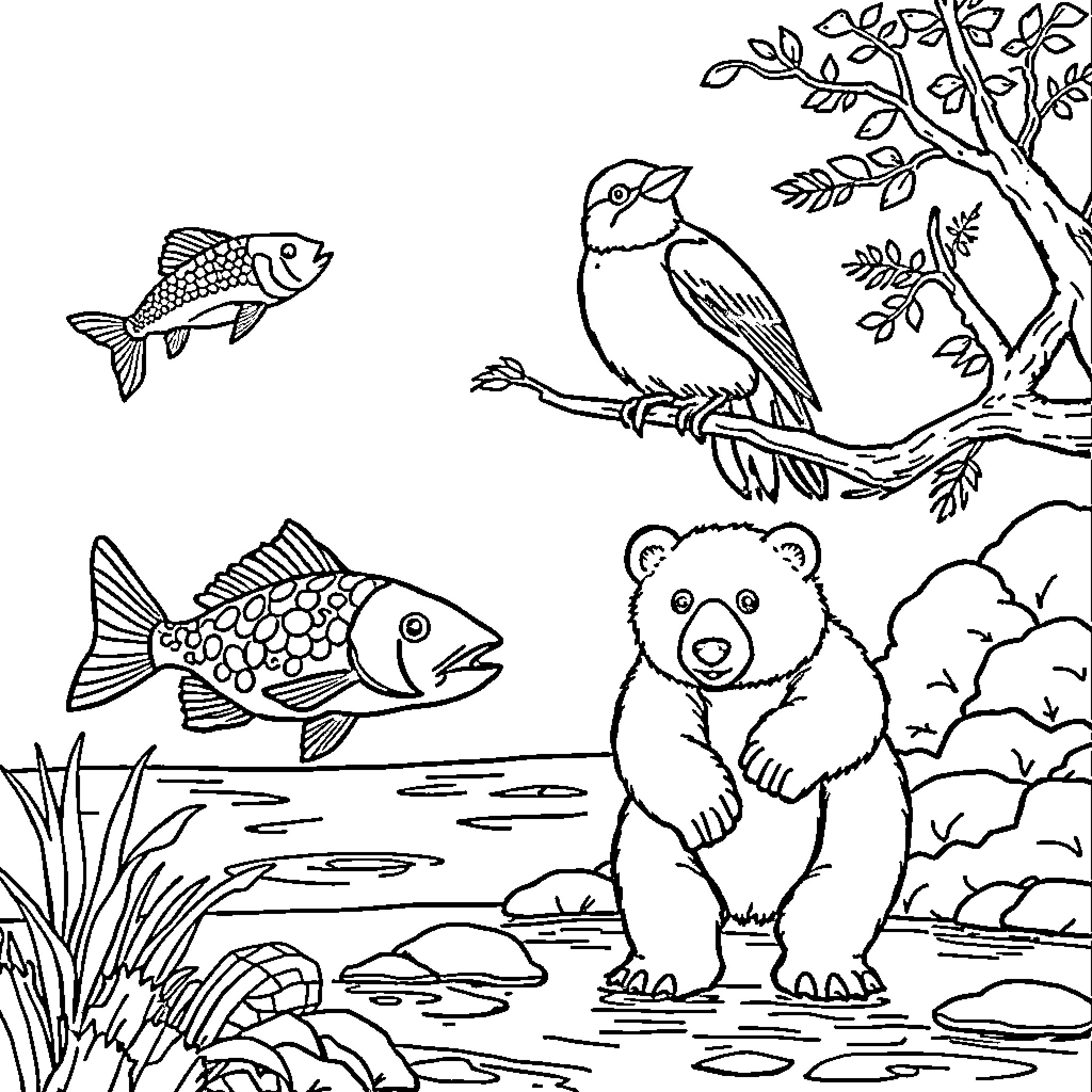 Fish, birds, and bears in a natural scene Coloring Page (free black-and-white line drawing printable PDF for all, from beginners to advanced learners, including children, teens, adults, and seniors)