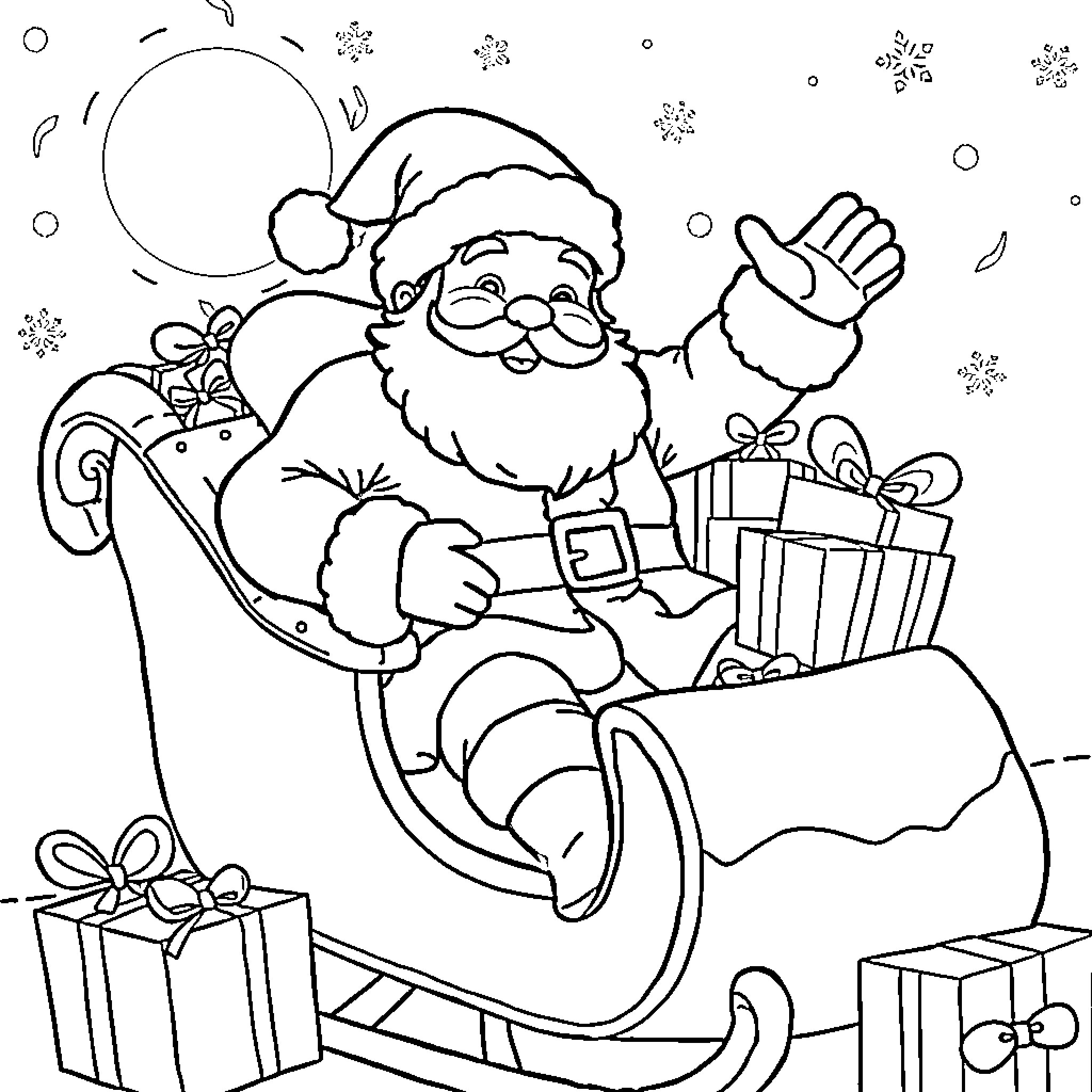 Santa Claus delivering gifts in his sleigh Coloring Page (free black-and-white line drawing printable PDF for all, from beginners to advanced learners, including children, teens, adults, and seniors)