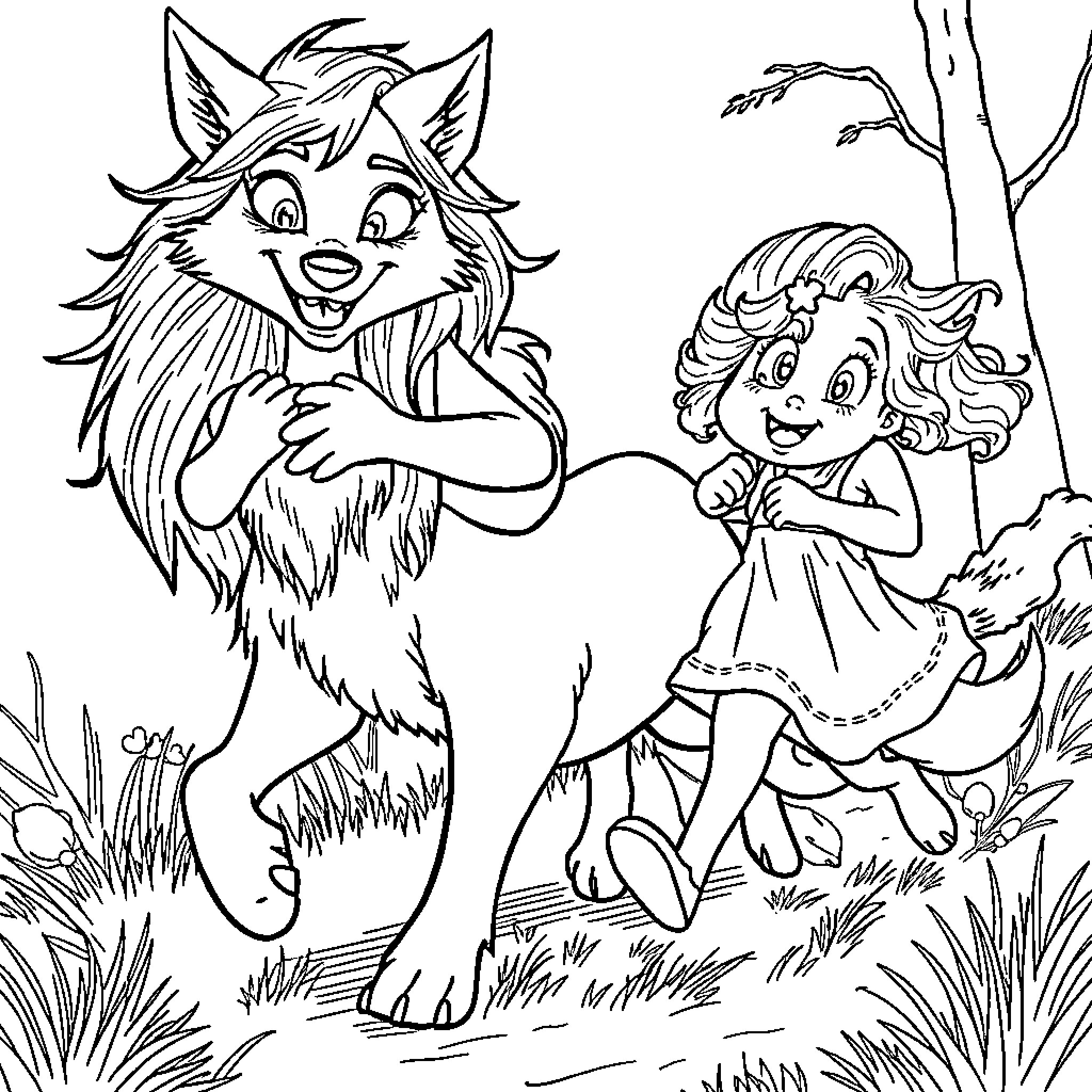 Wolf and girl playing in the forest Coloring Page (free black-and-white line drawing printable PDF for all, from beginners to advanced learners, including children, teens, adults, and seniors)