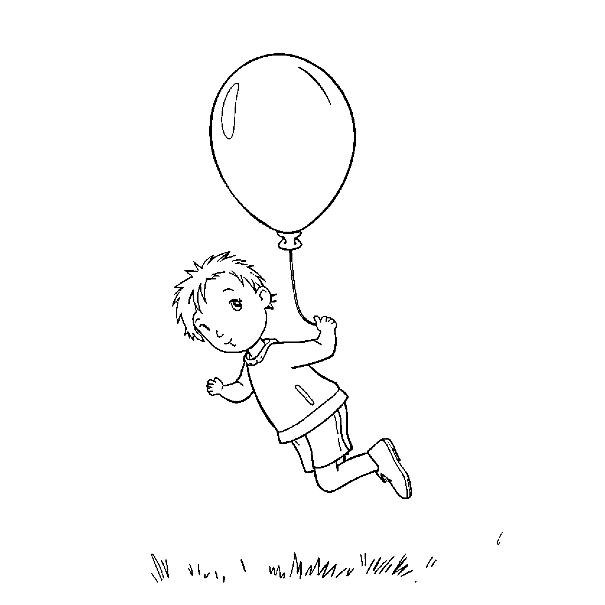 Balloon boy floating joyfully in the air Coloring Page (free black-and-white line drawing printable PDF for all, from beginners to advanced learners, including children, teens, adults, and seniors)