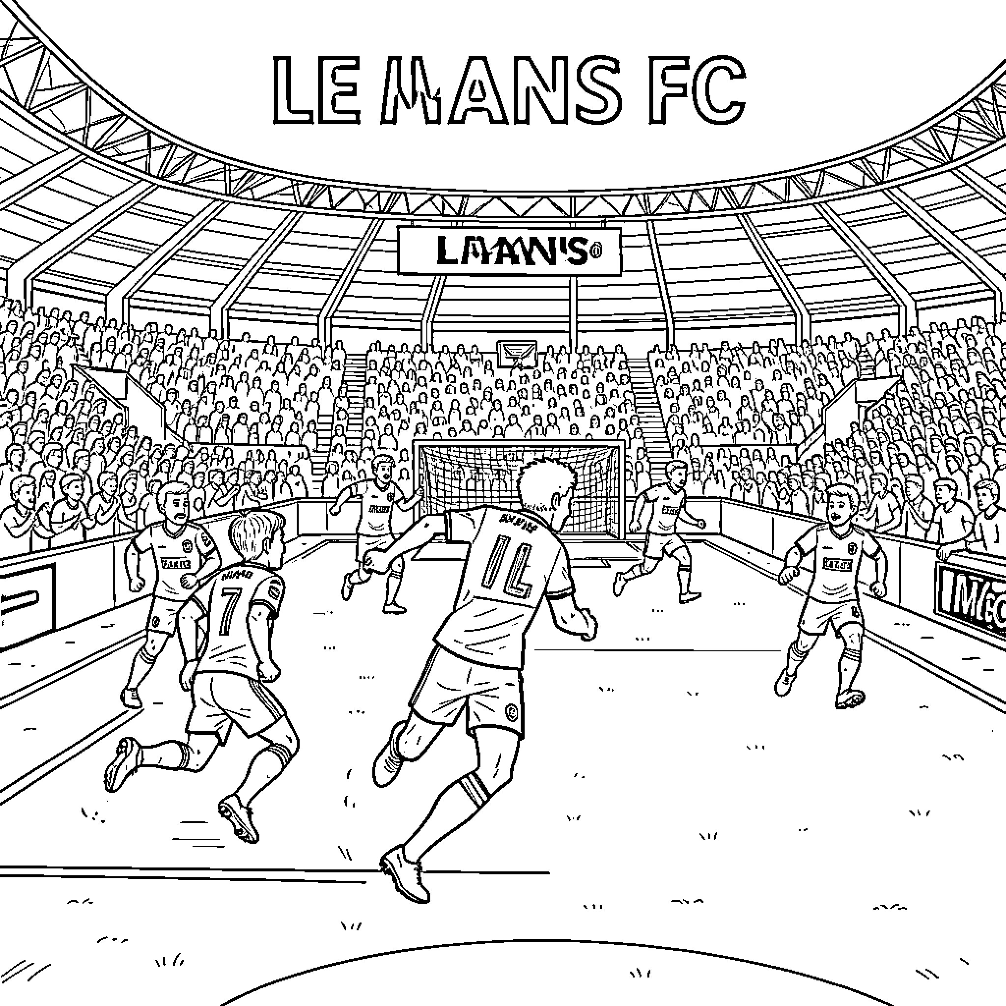 Le Mans FC players competing during a football match Coloring Page (free black-and-white line drawing printable PDF for all, from beginners to advanced learners, including children, teens, adults, and seniors)