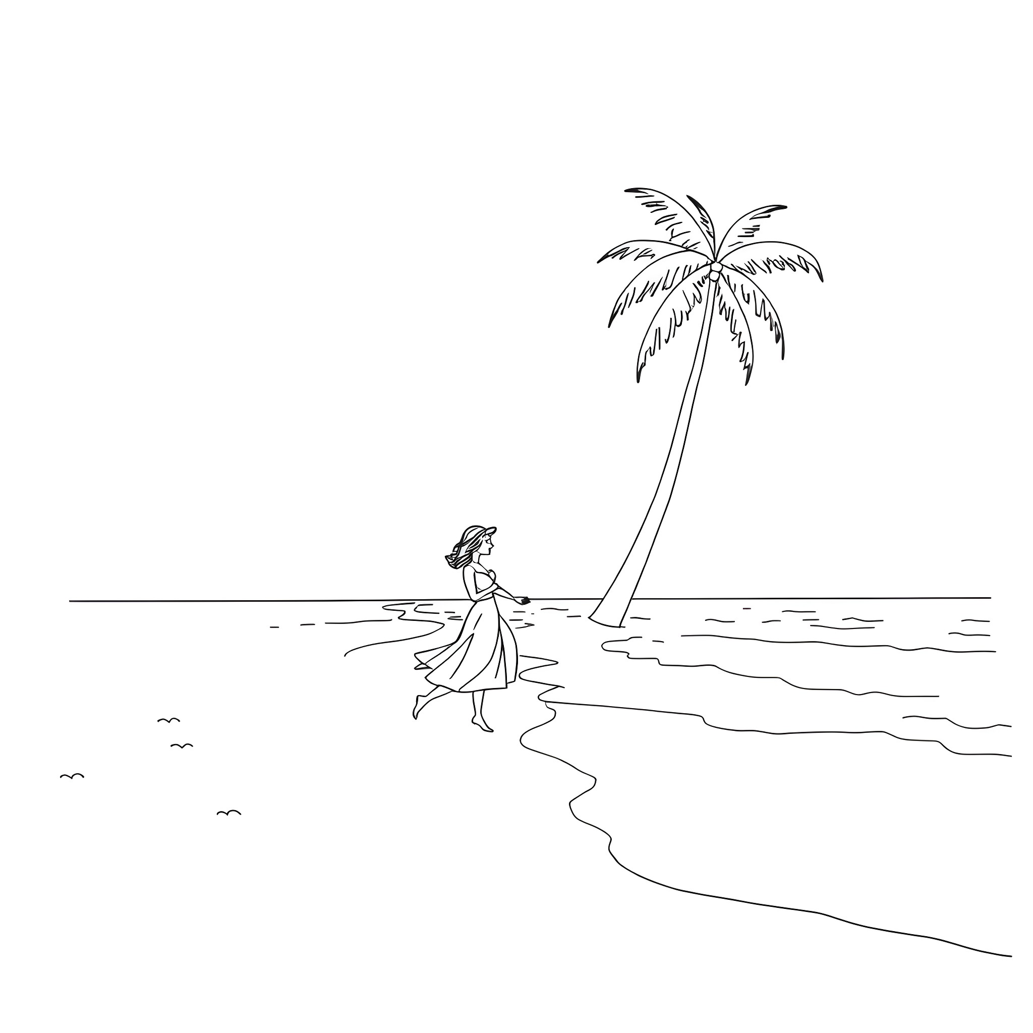 Pam Anderson strolling along the beach under palm tree Coloring Page (free black-and-white line drawing printable PDF for all, from beginners to advanced learners, including children, teens, adults, and seniors)