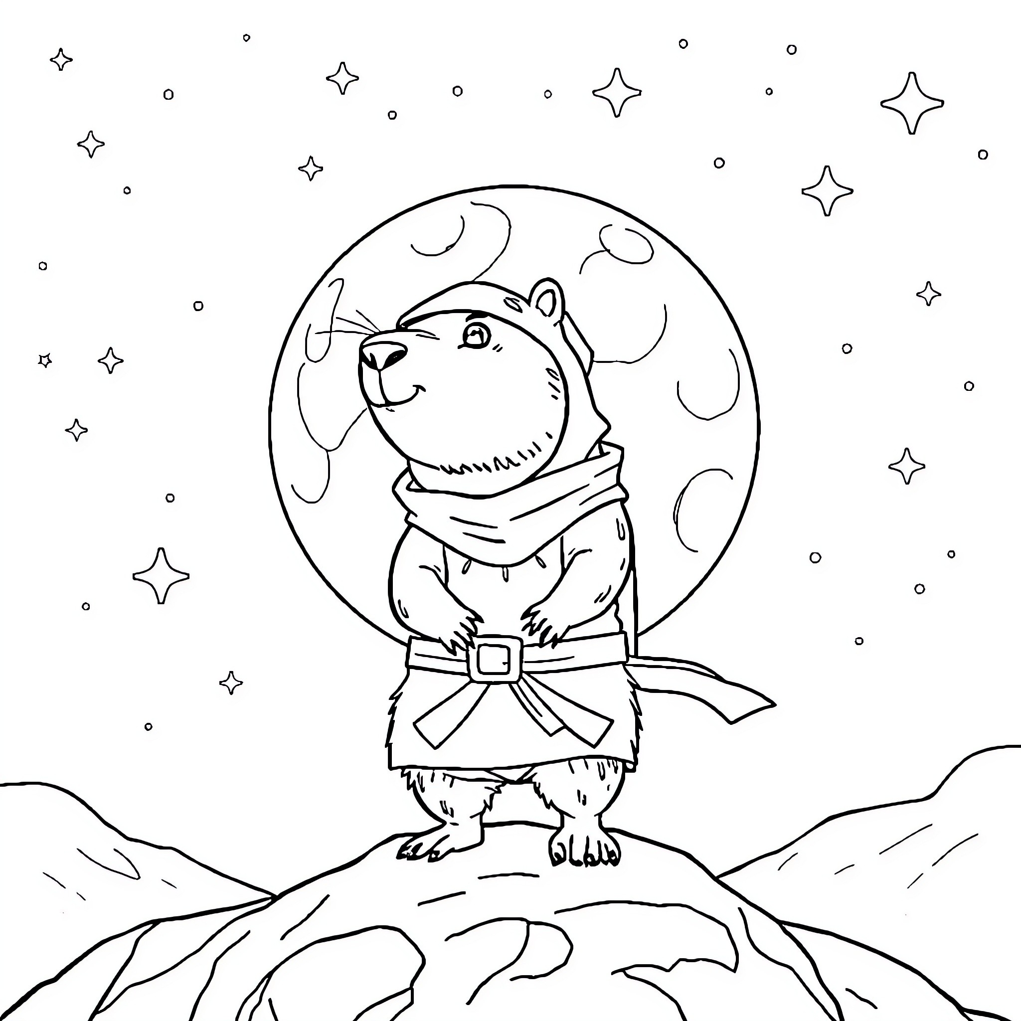 Capybara in space-themed astronaut outfit Coloring Page (free black-and-white line drawing printable PDF for all, from beginners to advanced learners, including children, teens, adults, and seniors)