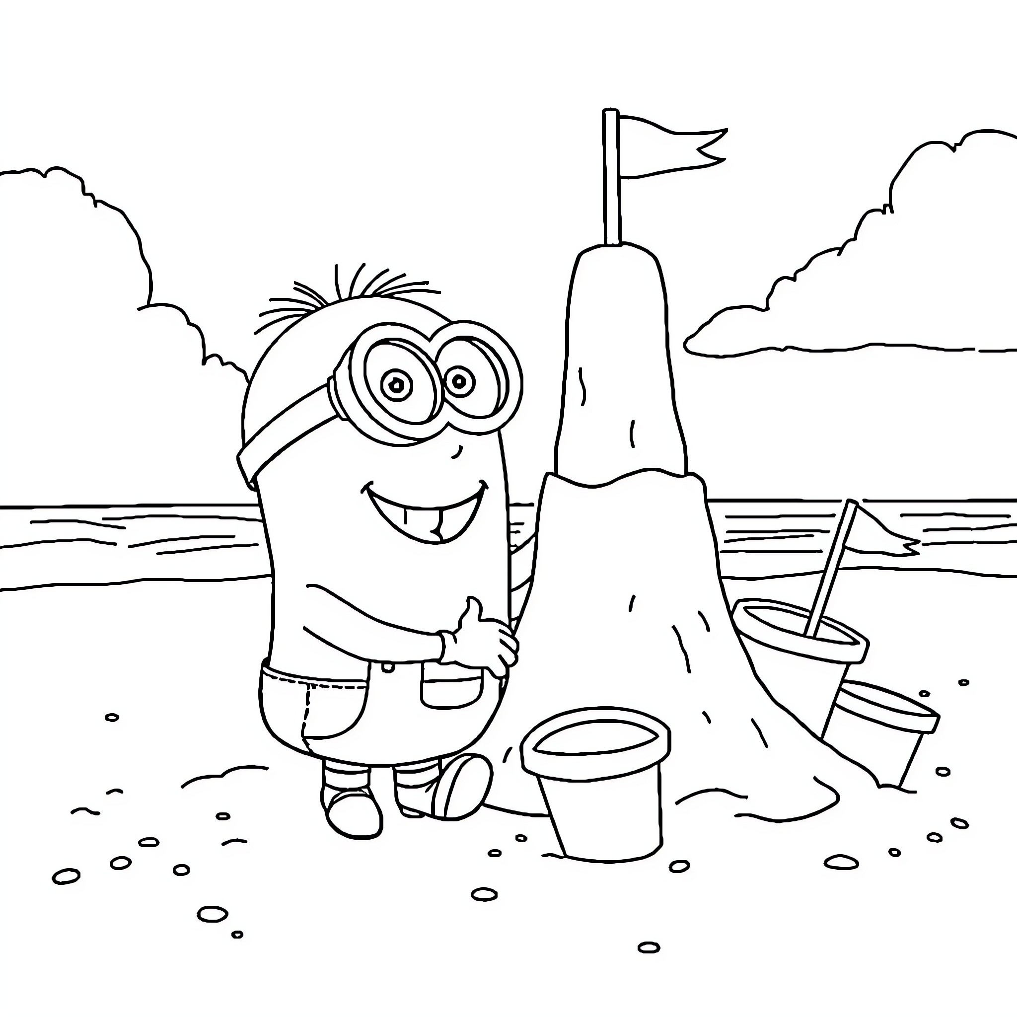 Minion building sandcastle on the beach Coloring Page (free black-and-white line drawing printable PDF for all, from beginners to advanced learners, including children, teens, adults, and seniors)